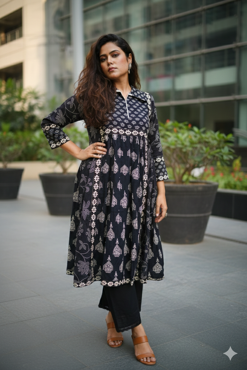 Black & White Floral Print A-Line Kurta