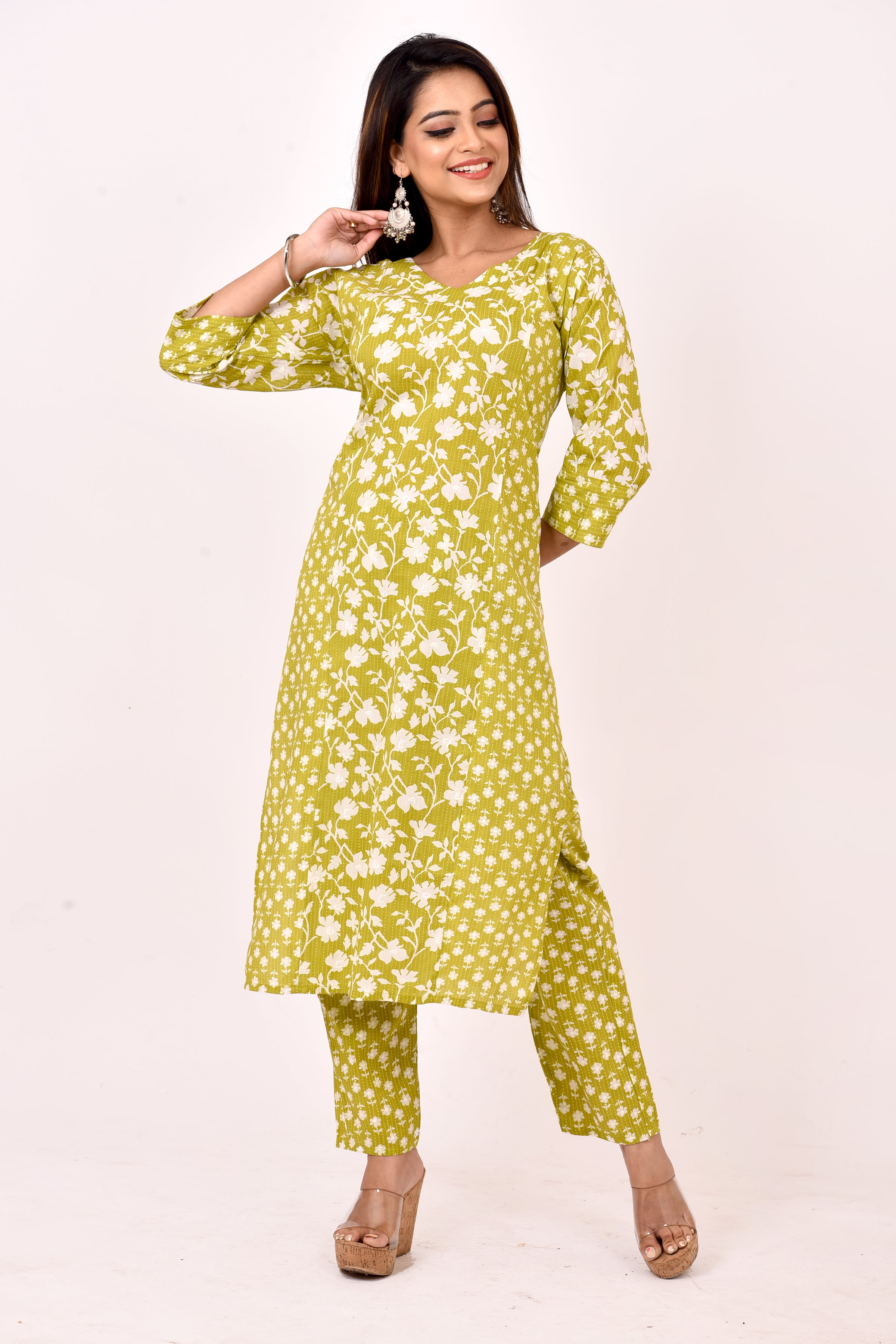 Lime Green Mix & Match Floral Kurta With Pant
