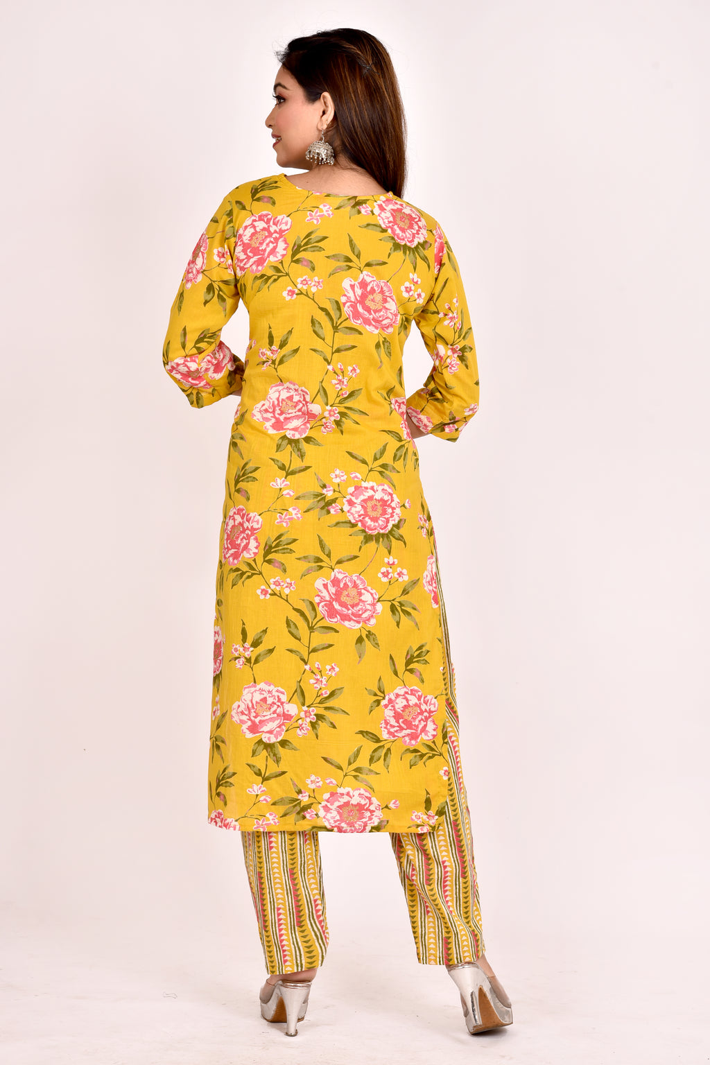 Yellow & Pink Rose Print Kurta With Pant