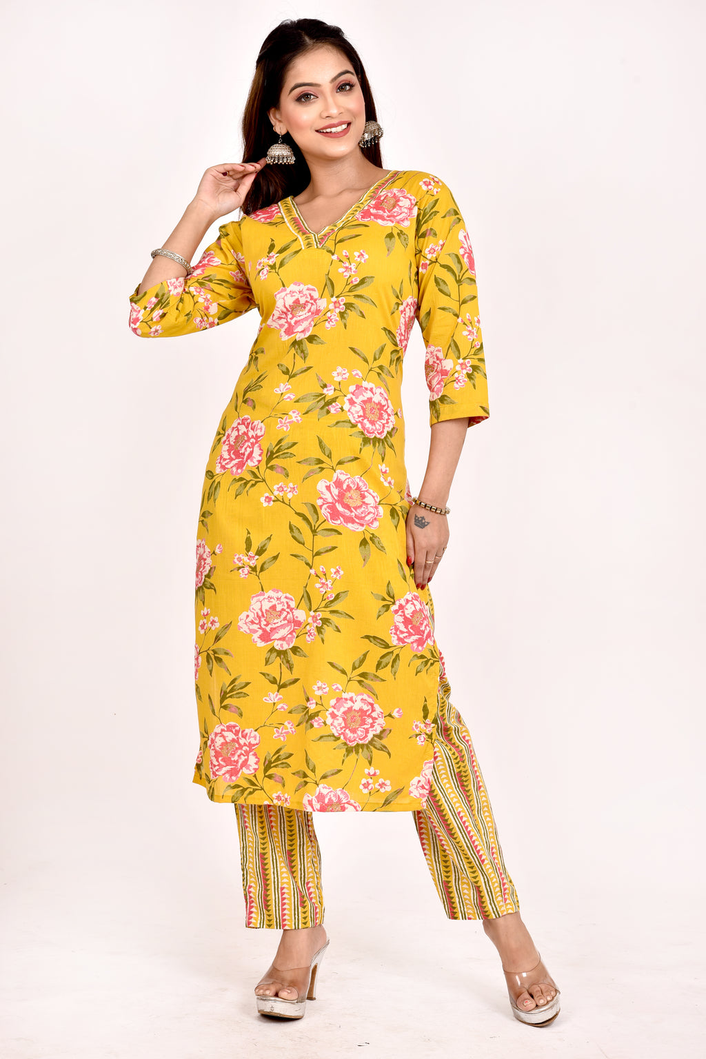 Yellow & Pink Rose Print Kurta With Pant