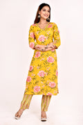 Yellow & Pink Rose Print Kurta With Pant
