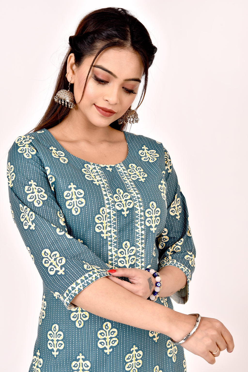 Teal Blue Leaf Print Kurta With Pant