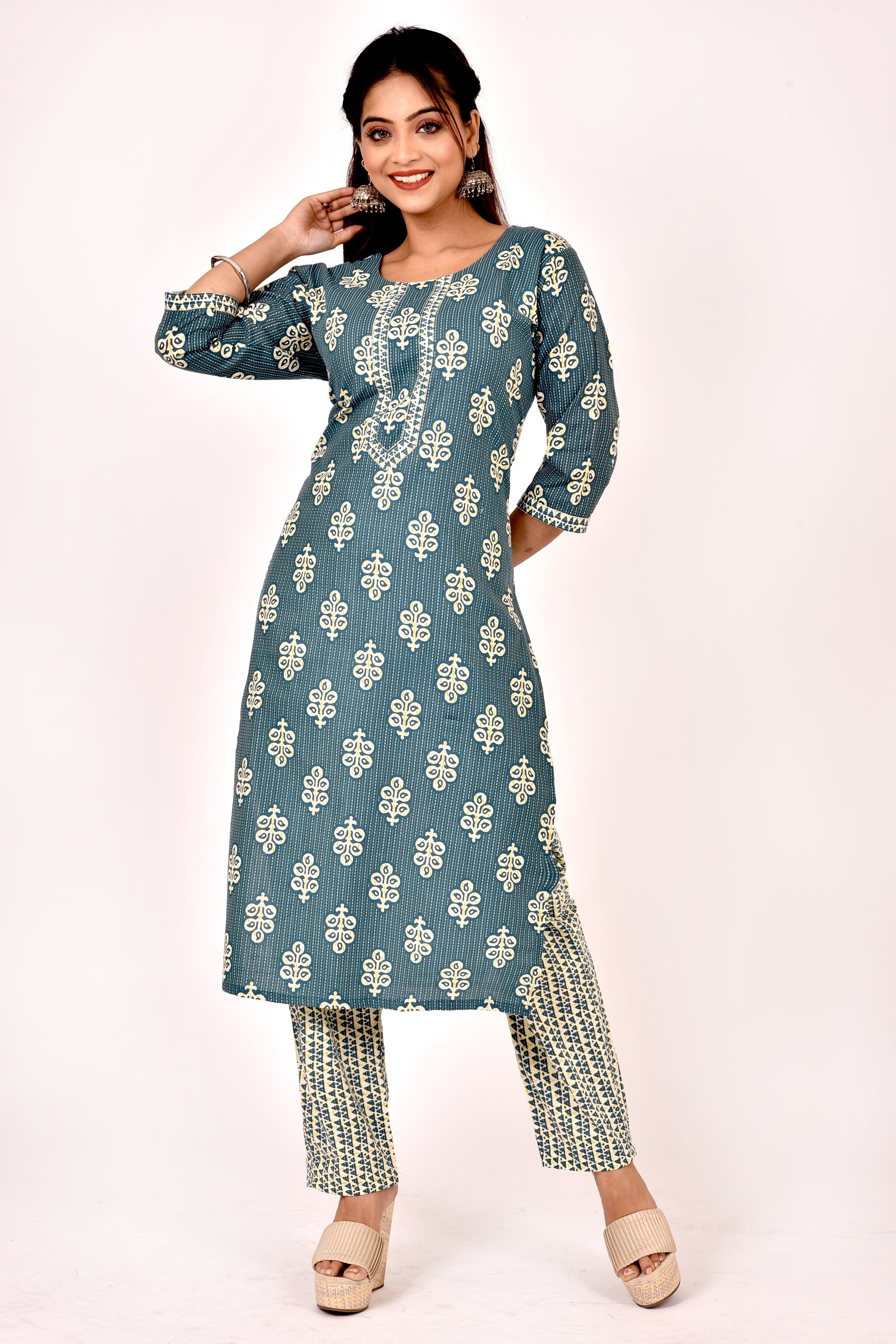 Teal Blue Leaf Print Kurta With Pant