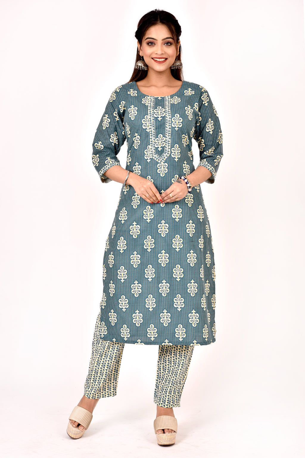 Teal Blue Leaf Print Kurta With Pant