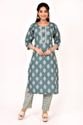 Teal Blue Leaf Print Kurta With Pant