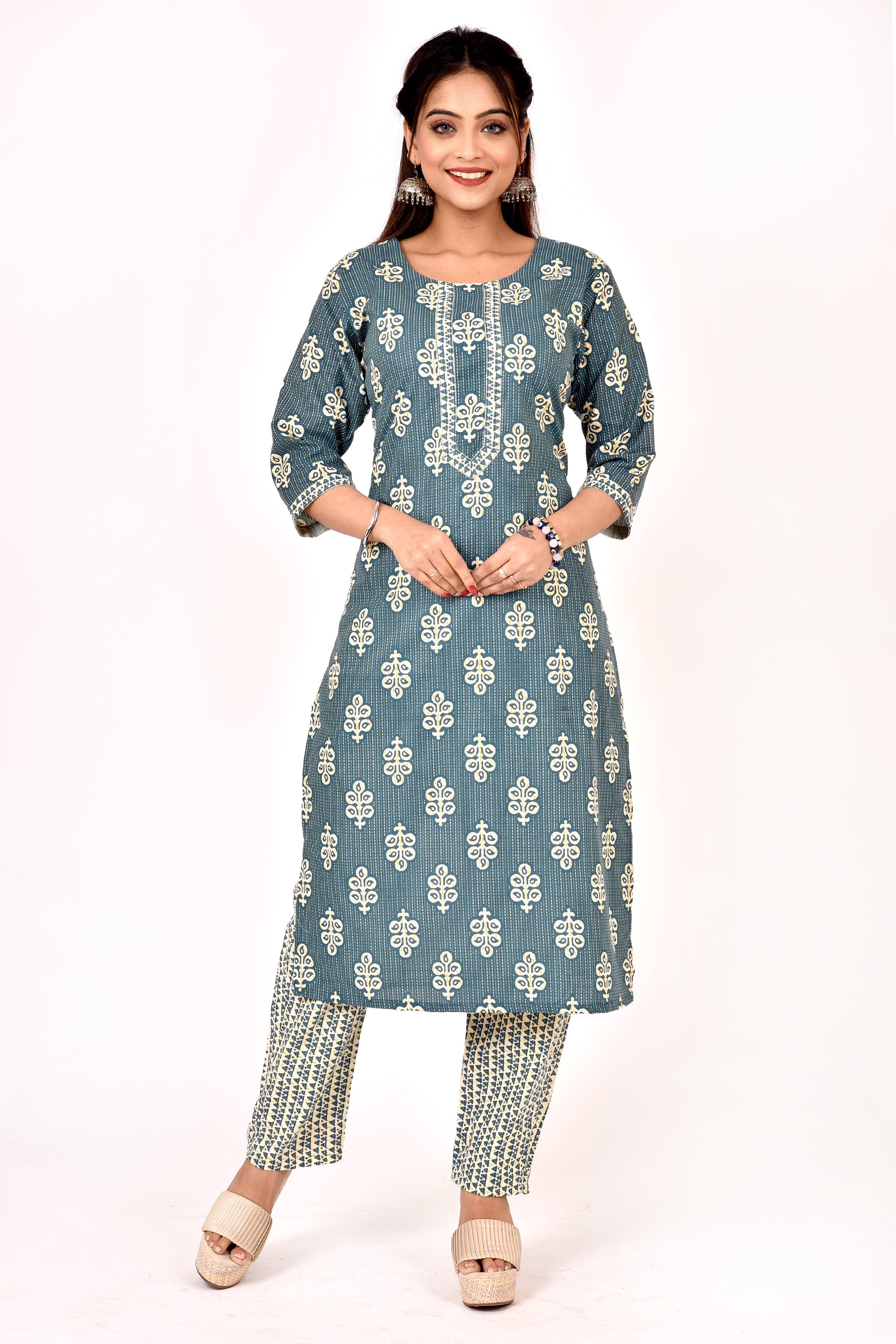 Teal Blue Leaf Print Kurta With Pant