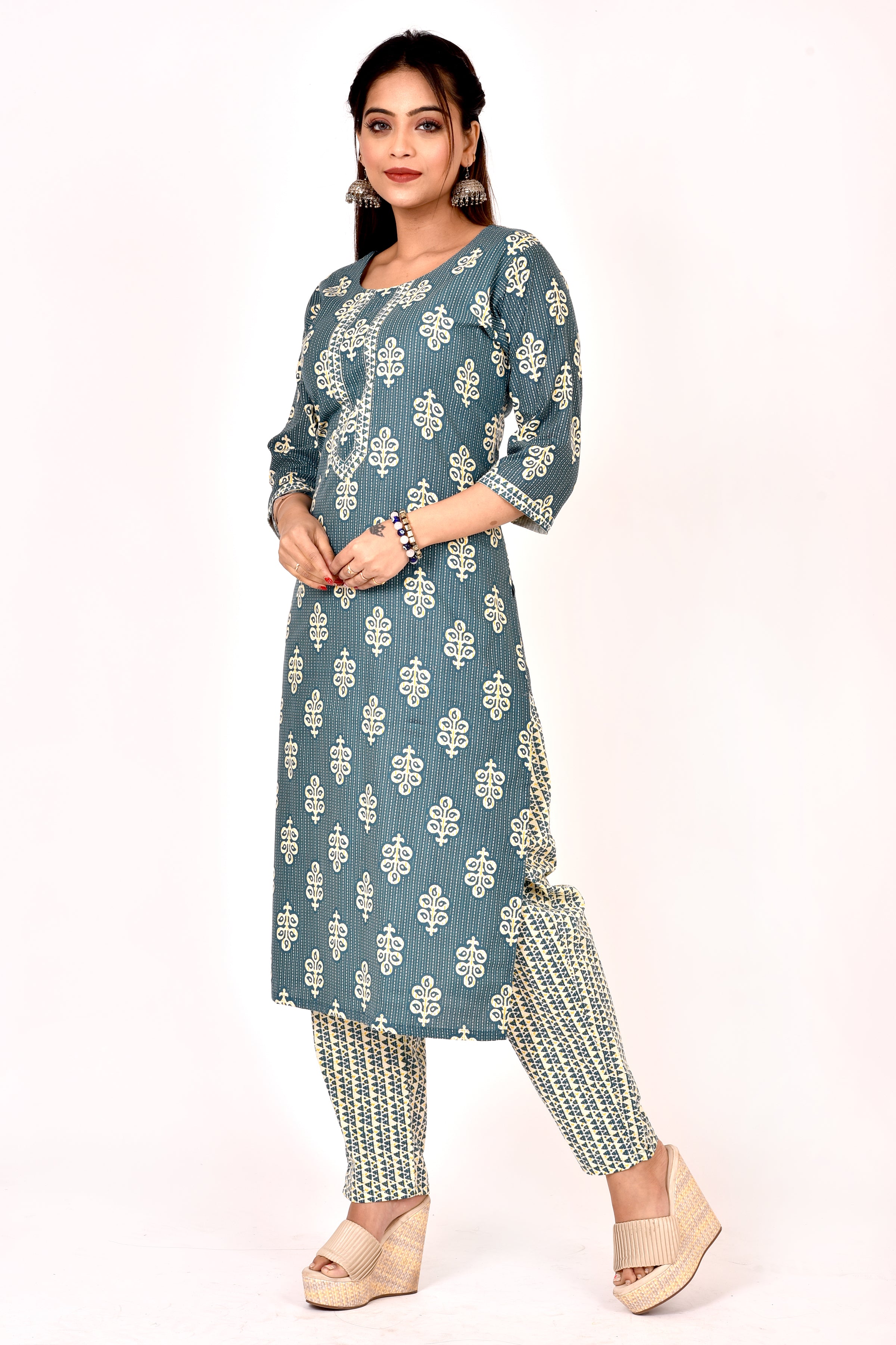 Teal Blue Leaf Print Kurta With Pant