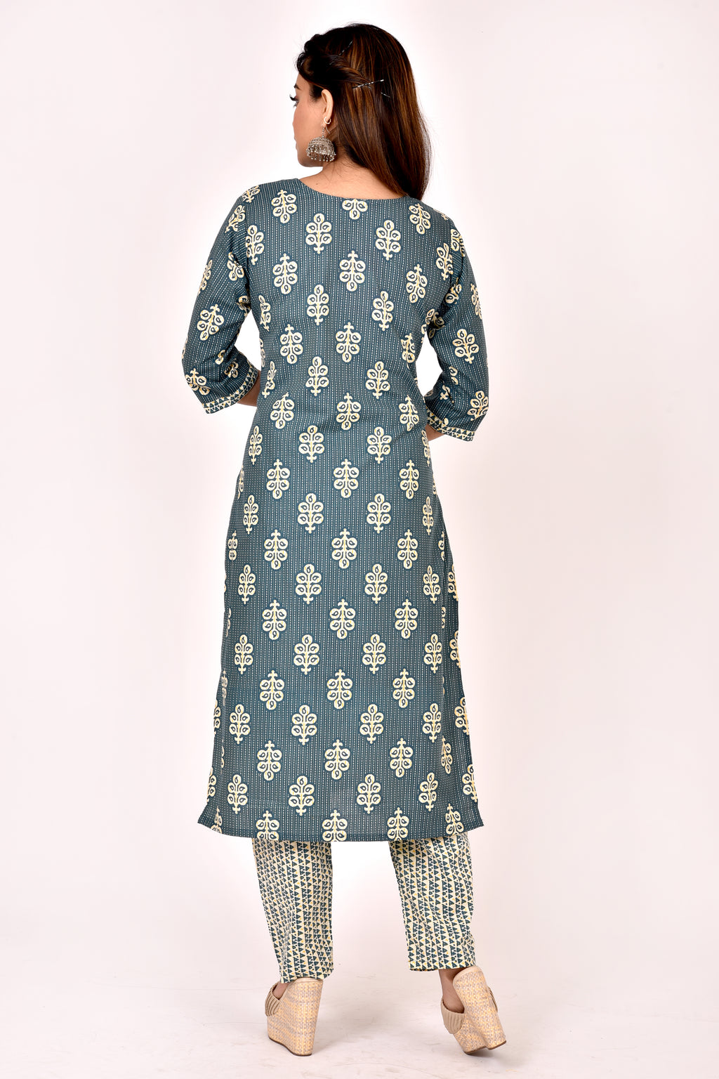 Teal Blue Leaf Print Kurta With Pant