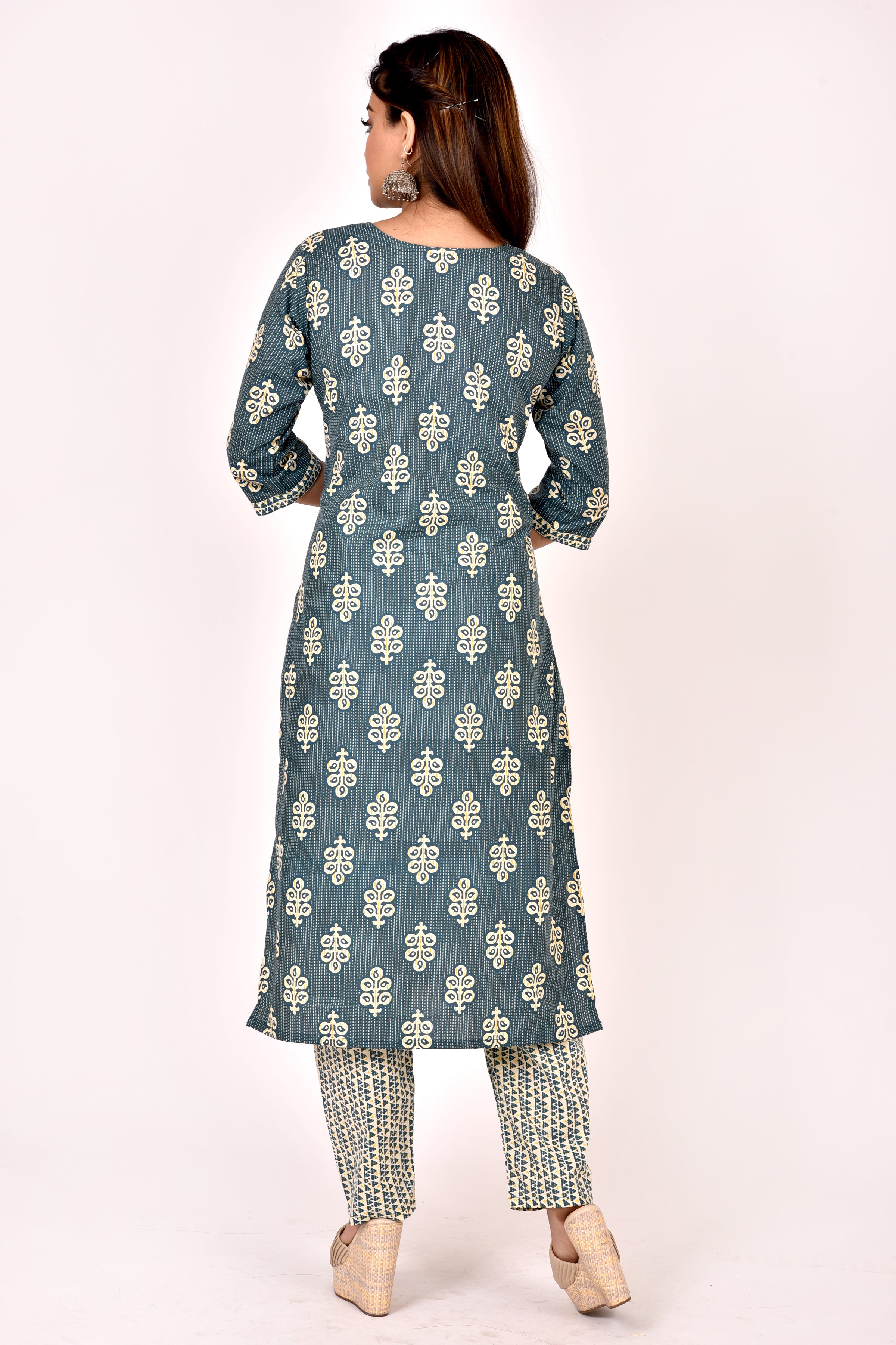 Teal Blue Leaf Print Kurta With Pant