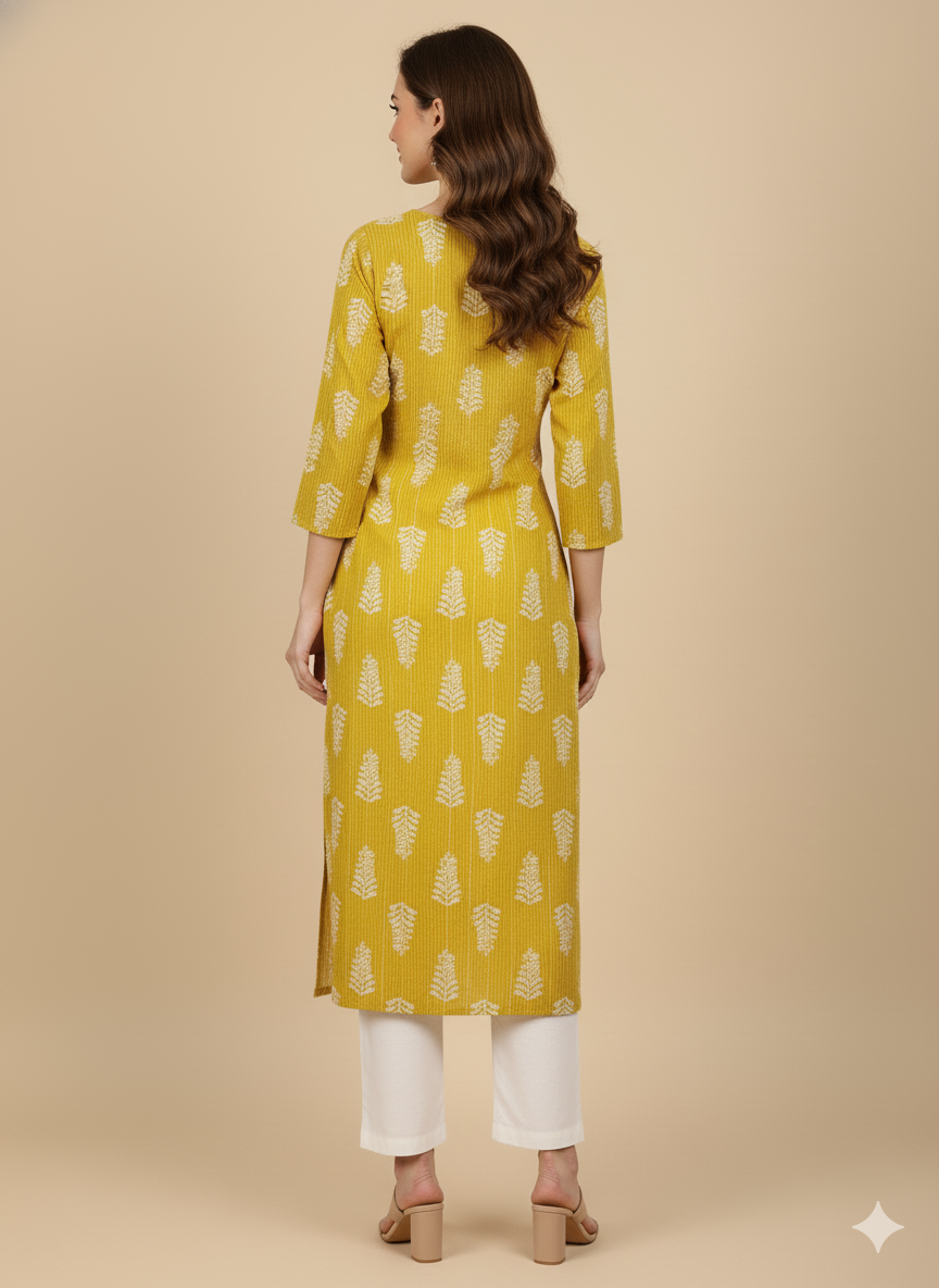 Yellow Leaf Print Straight Kurta
