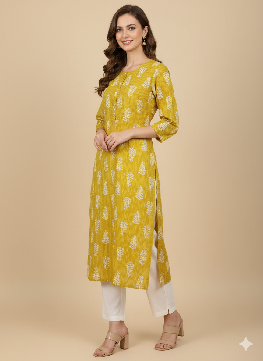 Yellow Leaf Print Straight Kurta