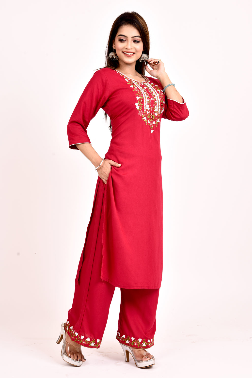 Red Floral Embroidered Kurta With Palazzo