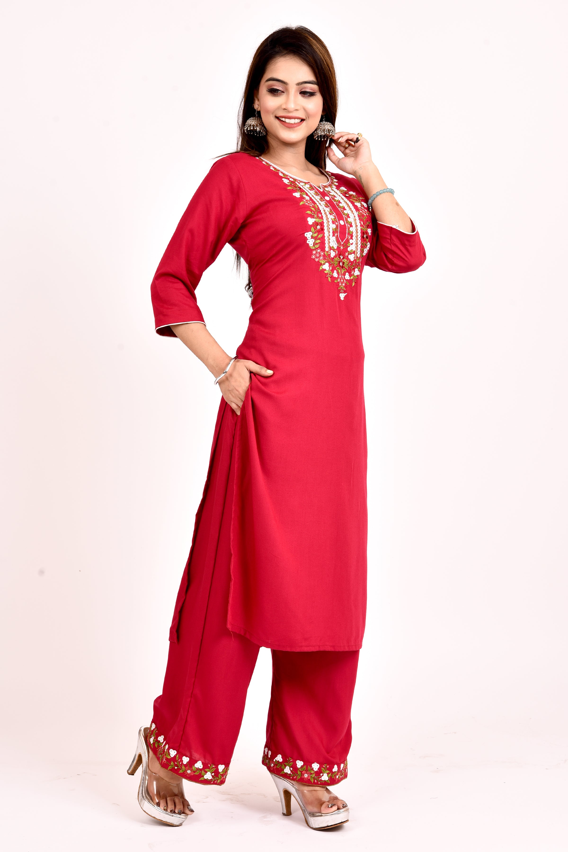 Red Floral Embroidered Kurta With Palazzo