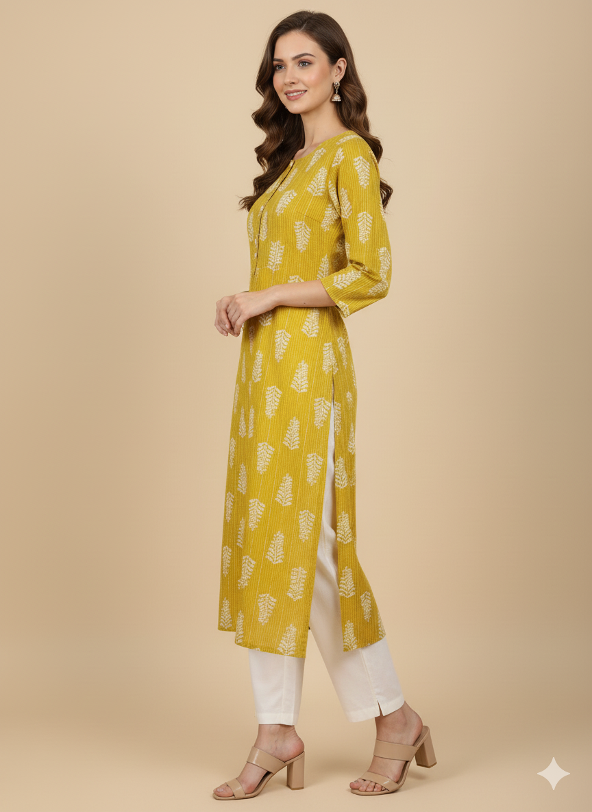 Yellow Leaf Print Straight Kurta