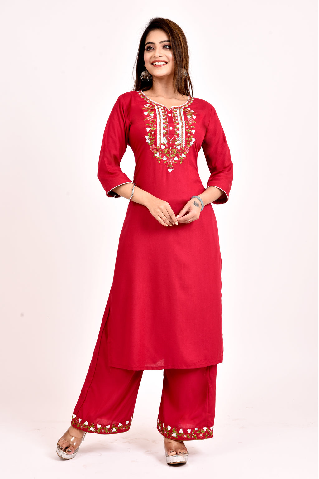 Red Floral Embroidered Kurta With Palazzo