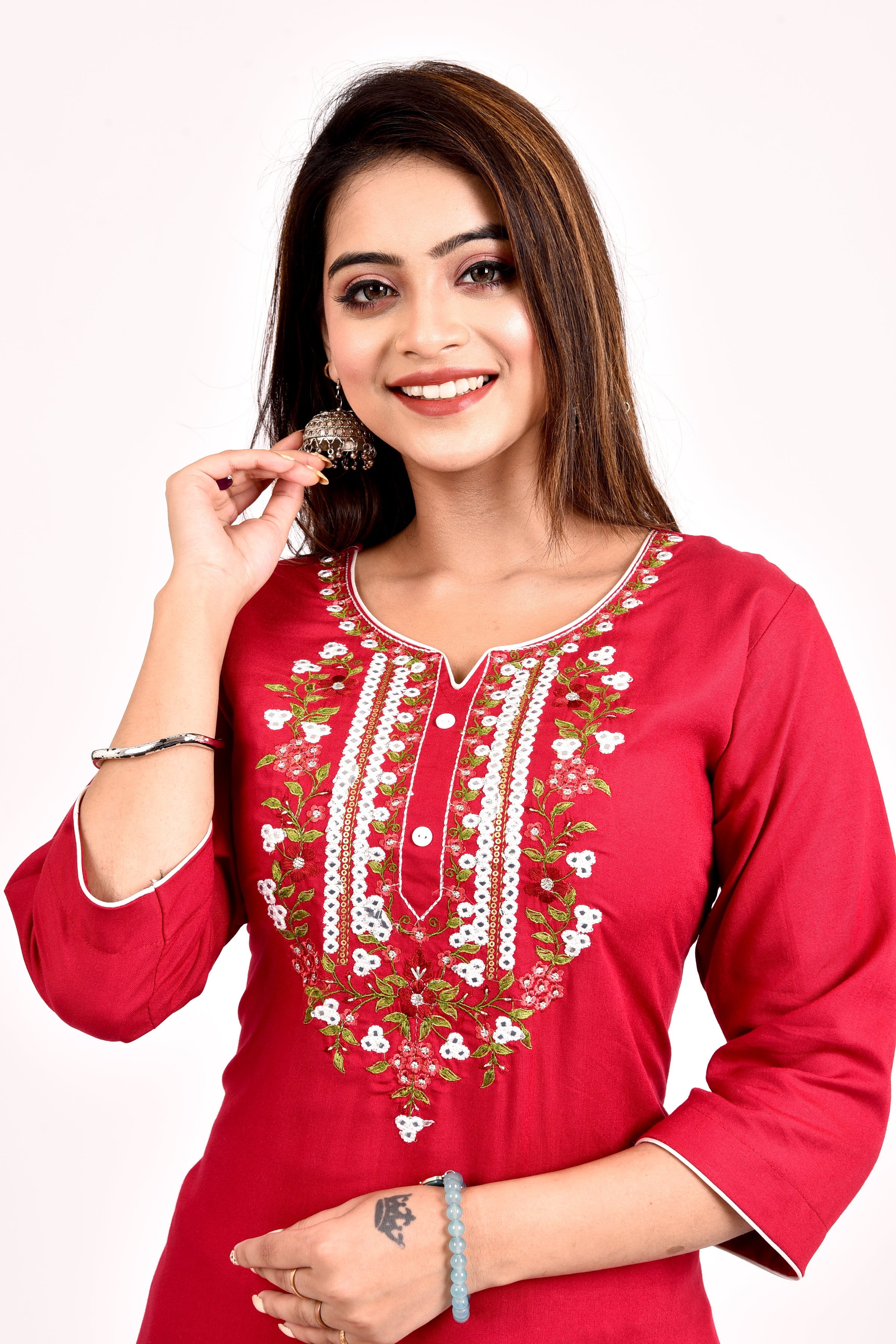 Red Floral Embroidered Kurta With Palazzo