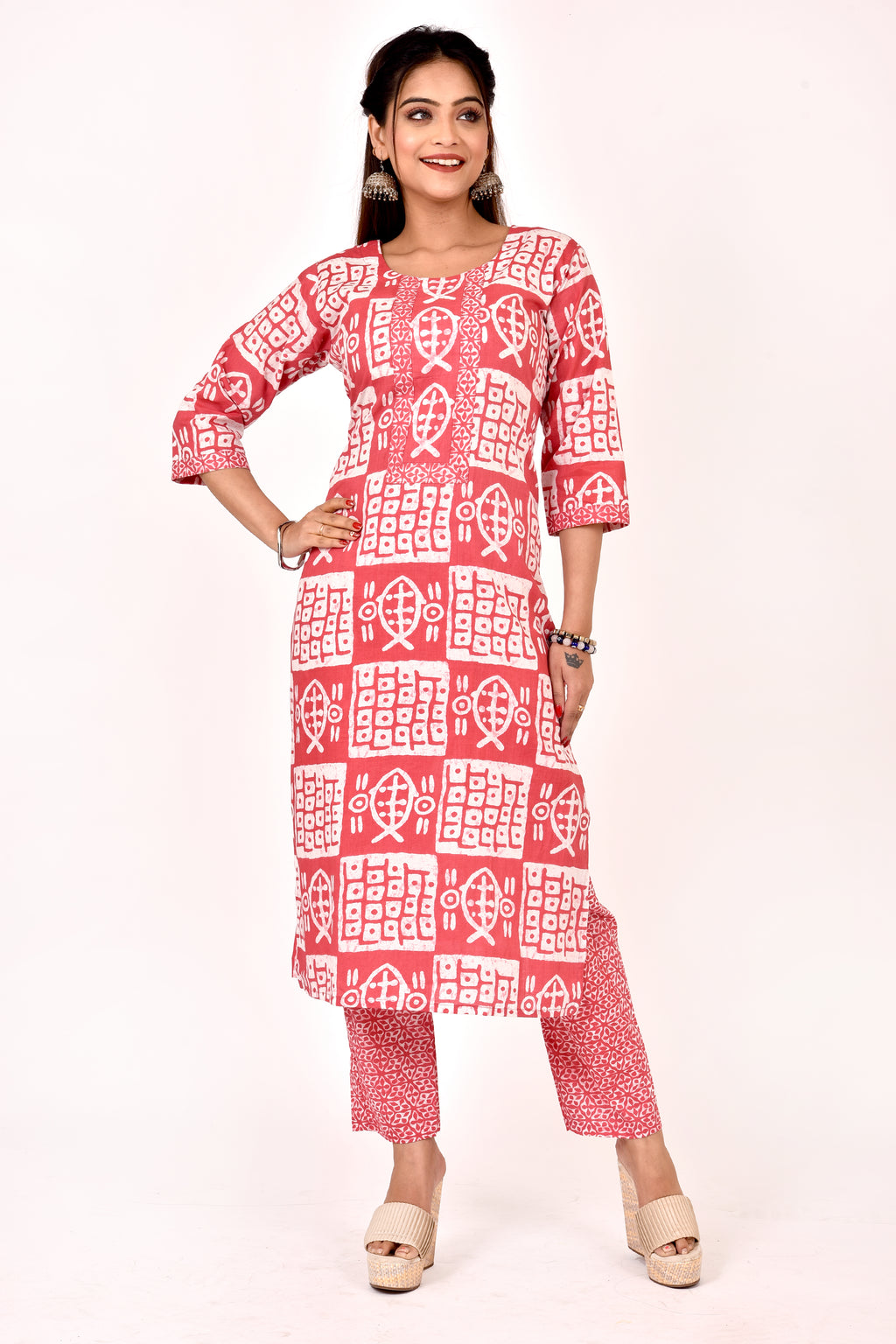 Blush Pink Fish Print Kurta With Pant