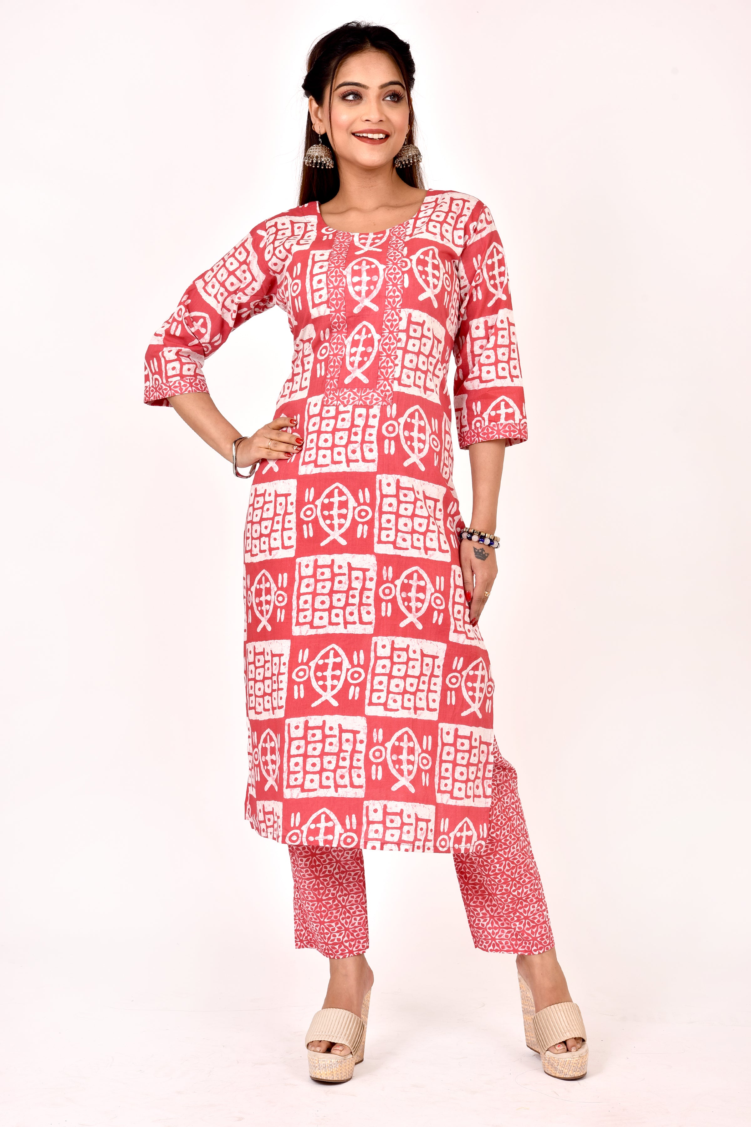 Blush Pink Fish Print Kurta With Pant