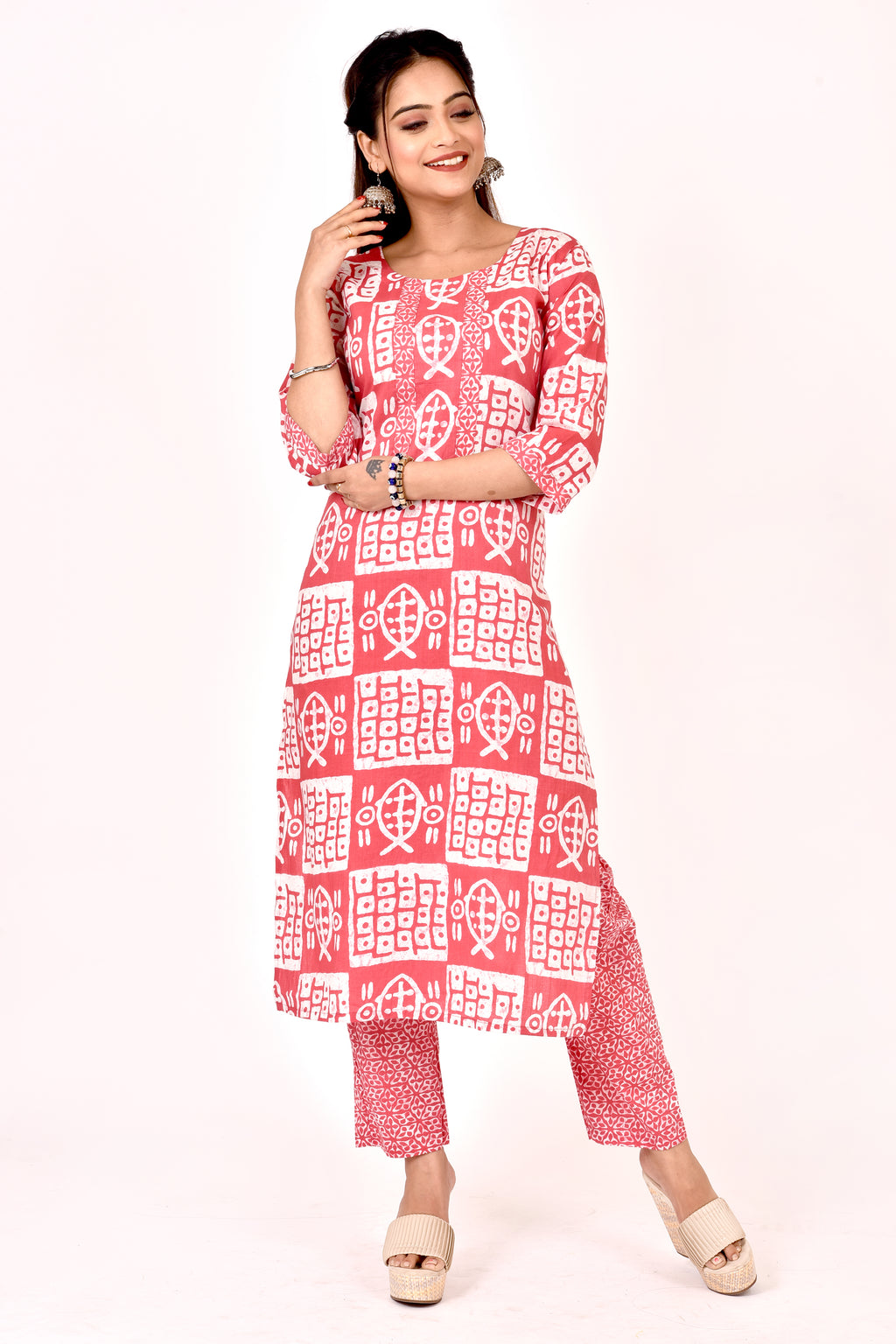 Blush Pink Fish Print Kurta With Pant