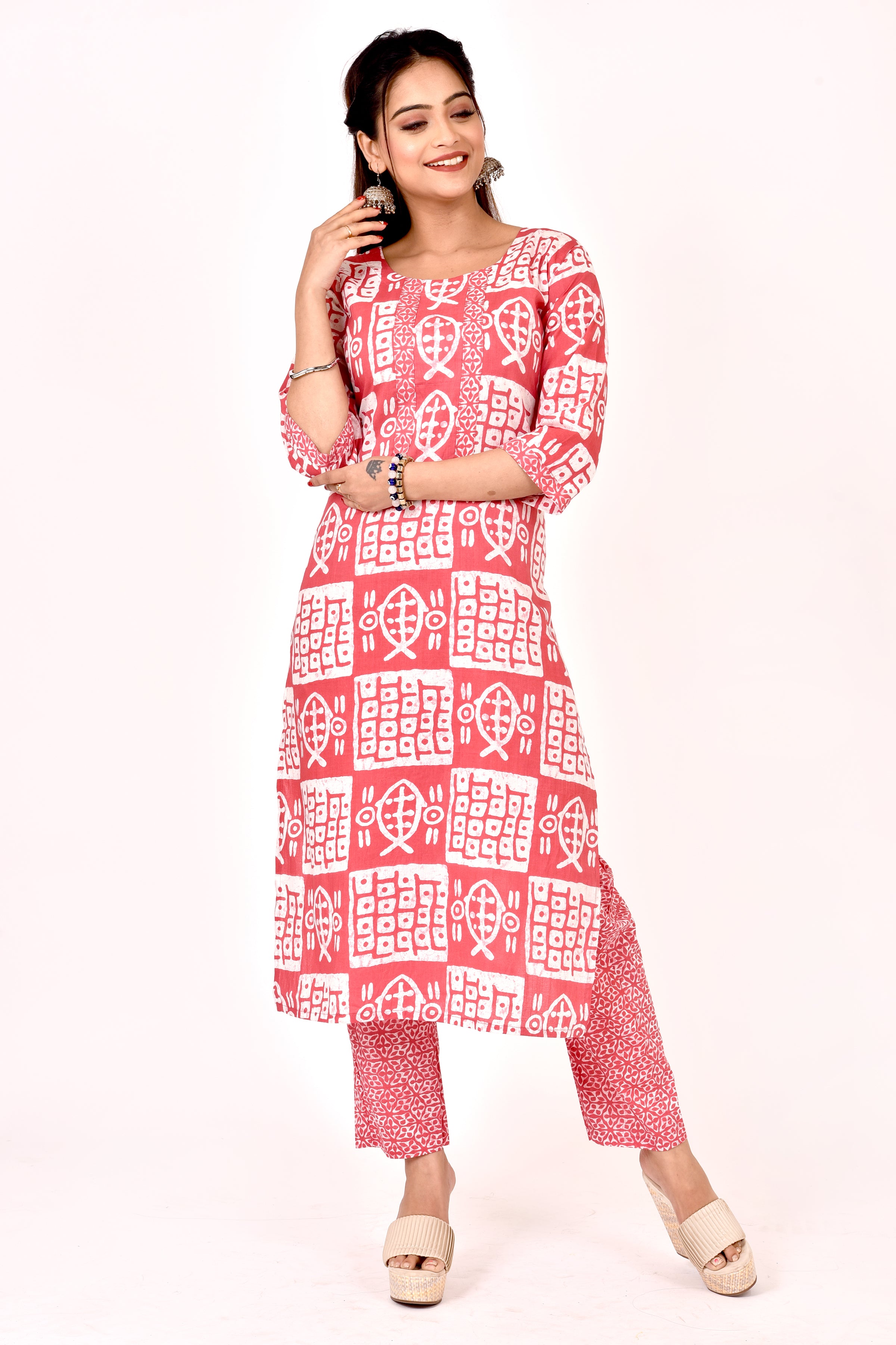 Blush Pink Fish Print Kurta With Pant