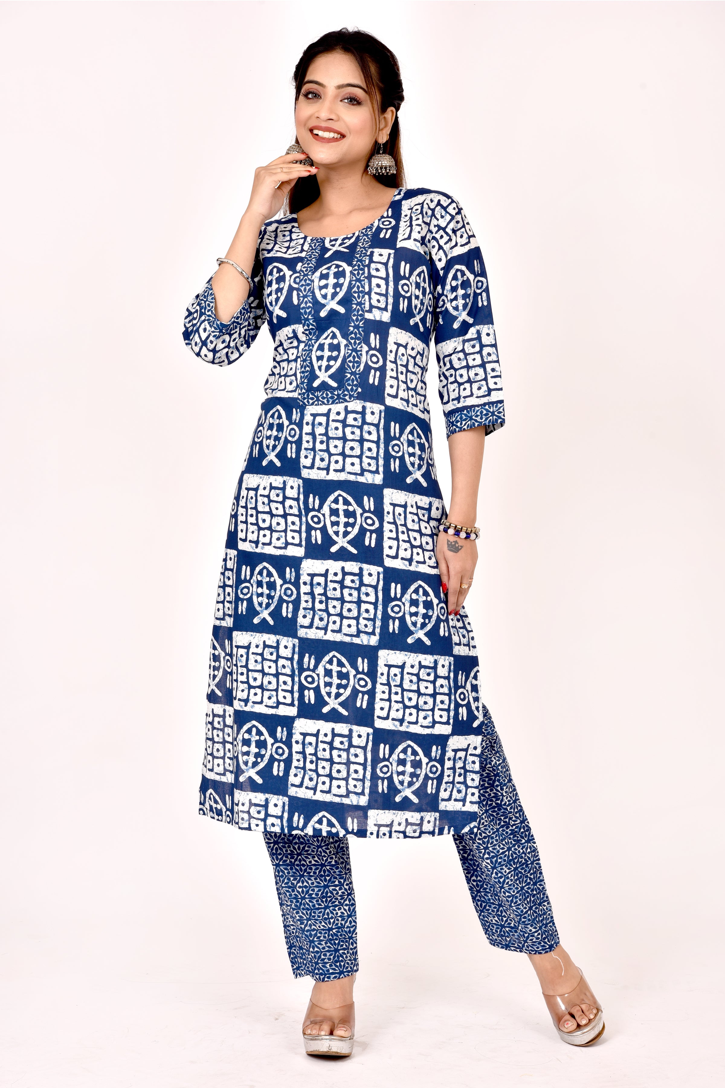 Navy Blue Fish Print Kurta With Pant