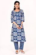 Navy Blue Fish Print Kurta With Pant