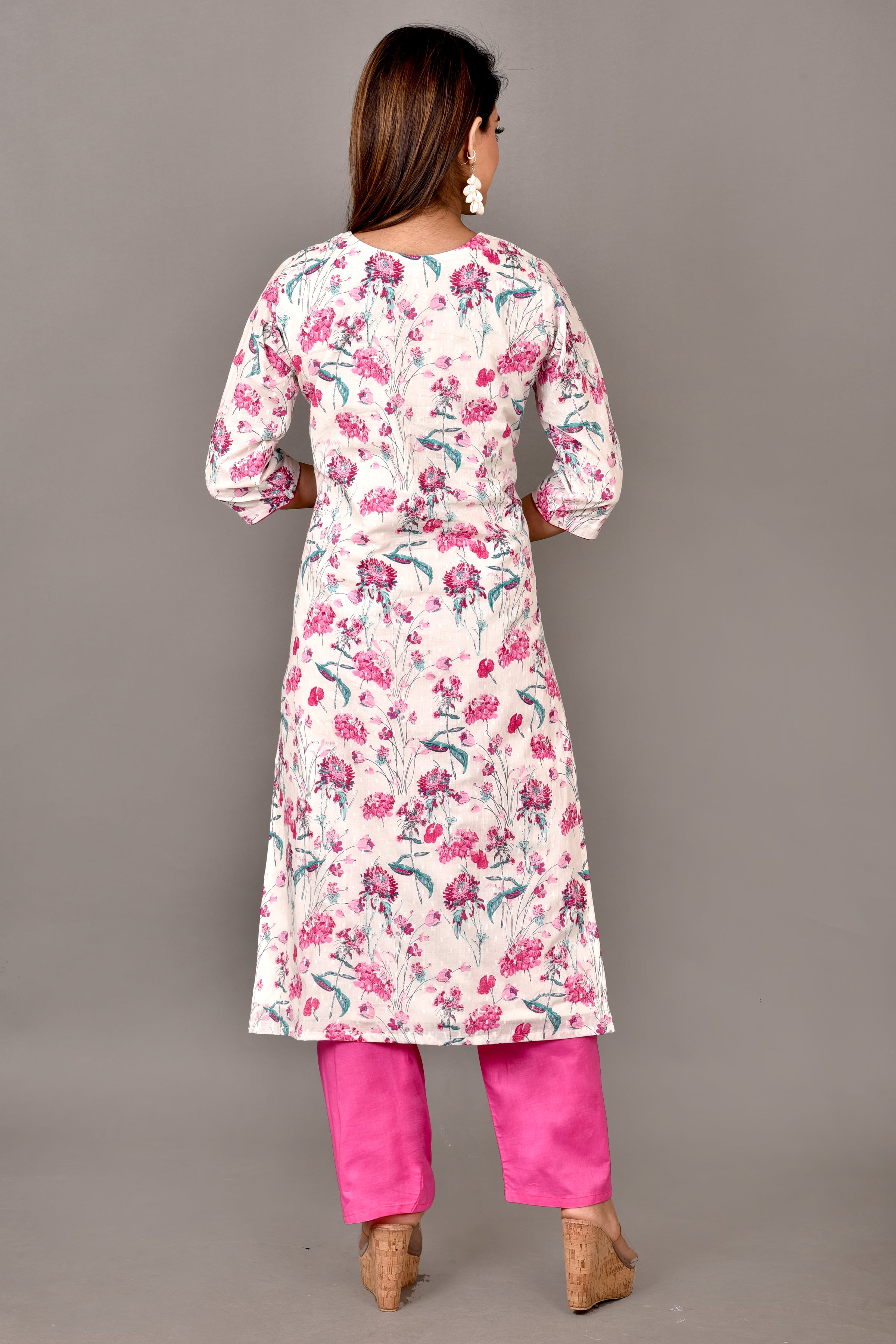 Off-White & Magenta Pink Floral Print Kurta With Pant