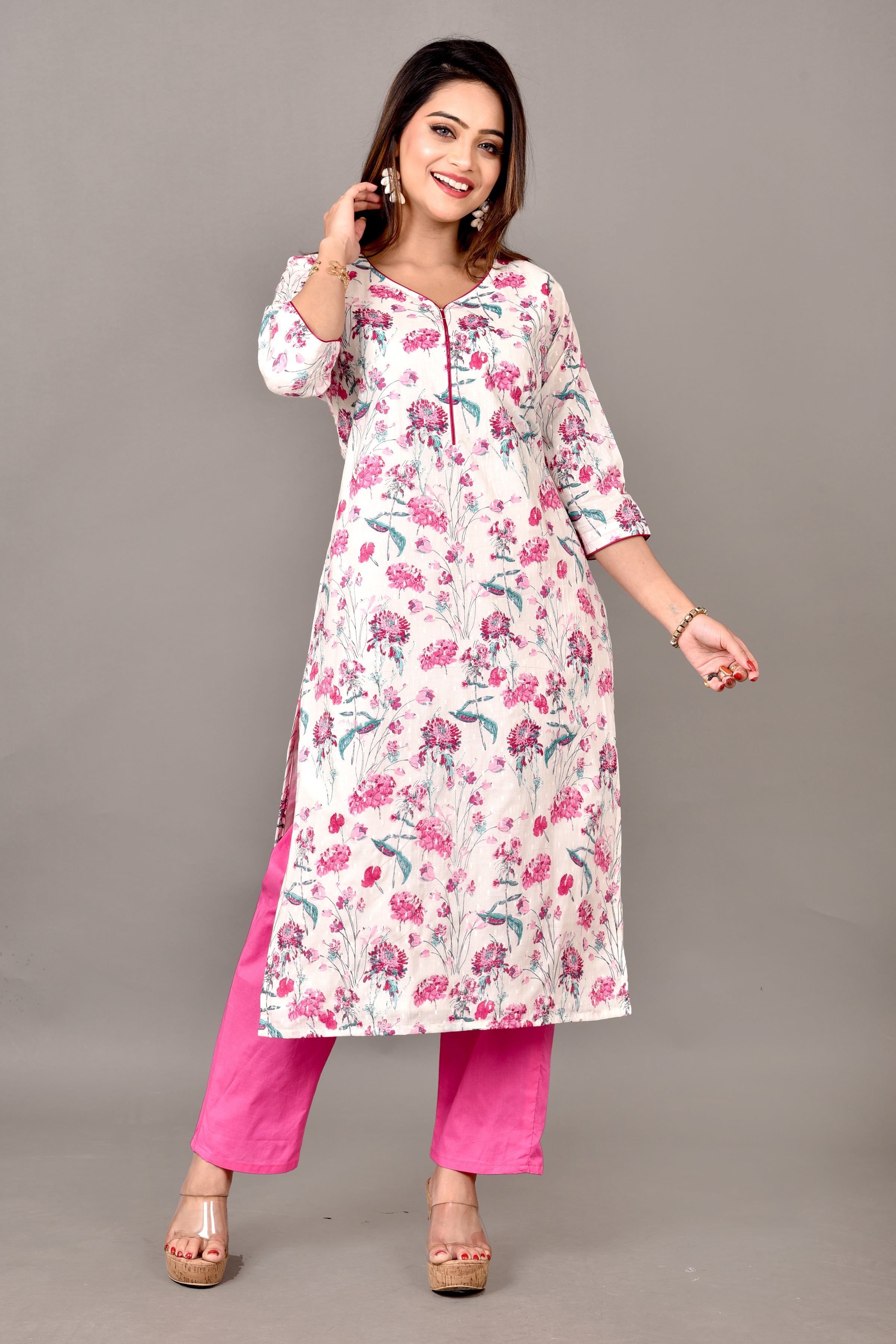 Off-White & Magenta Pink Floral Print Kurta With Pant
