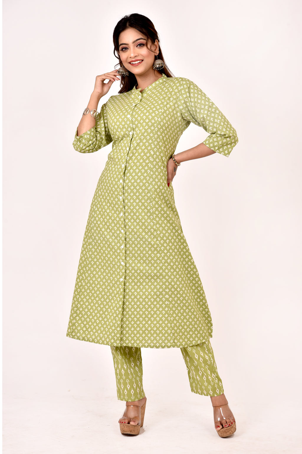Light Green Floral Print A-Line Kurta With Pant