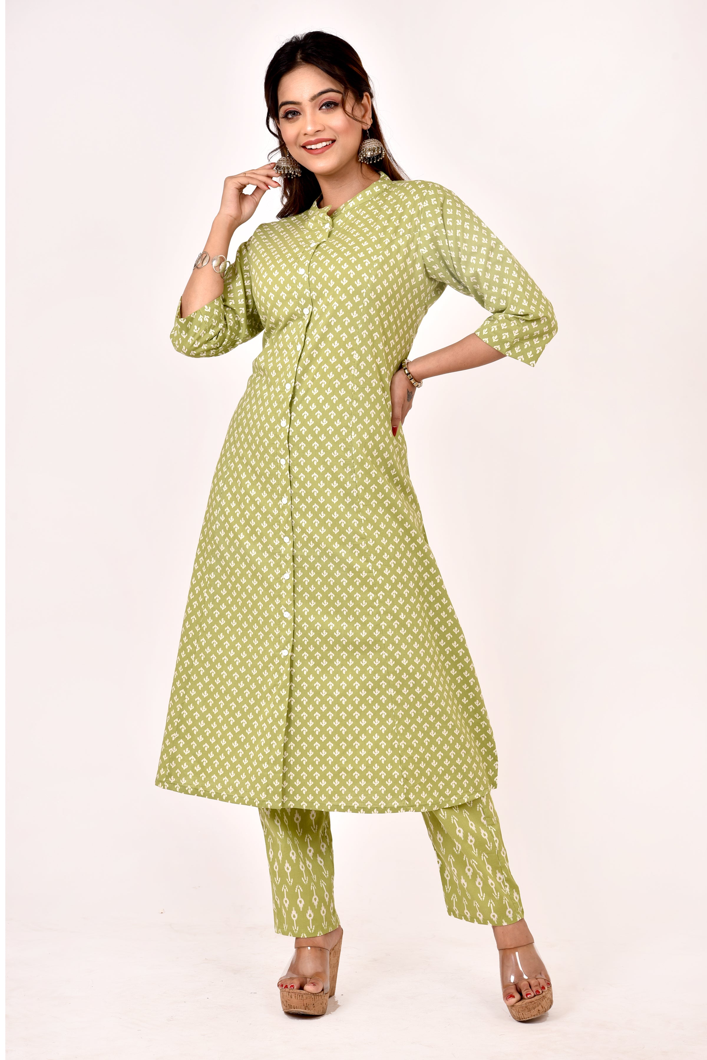 Light Green Floral Print A-Line Kurta With Pant