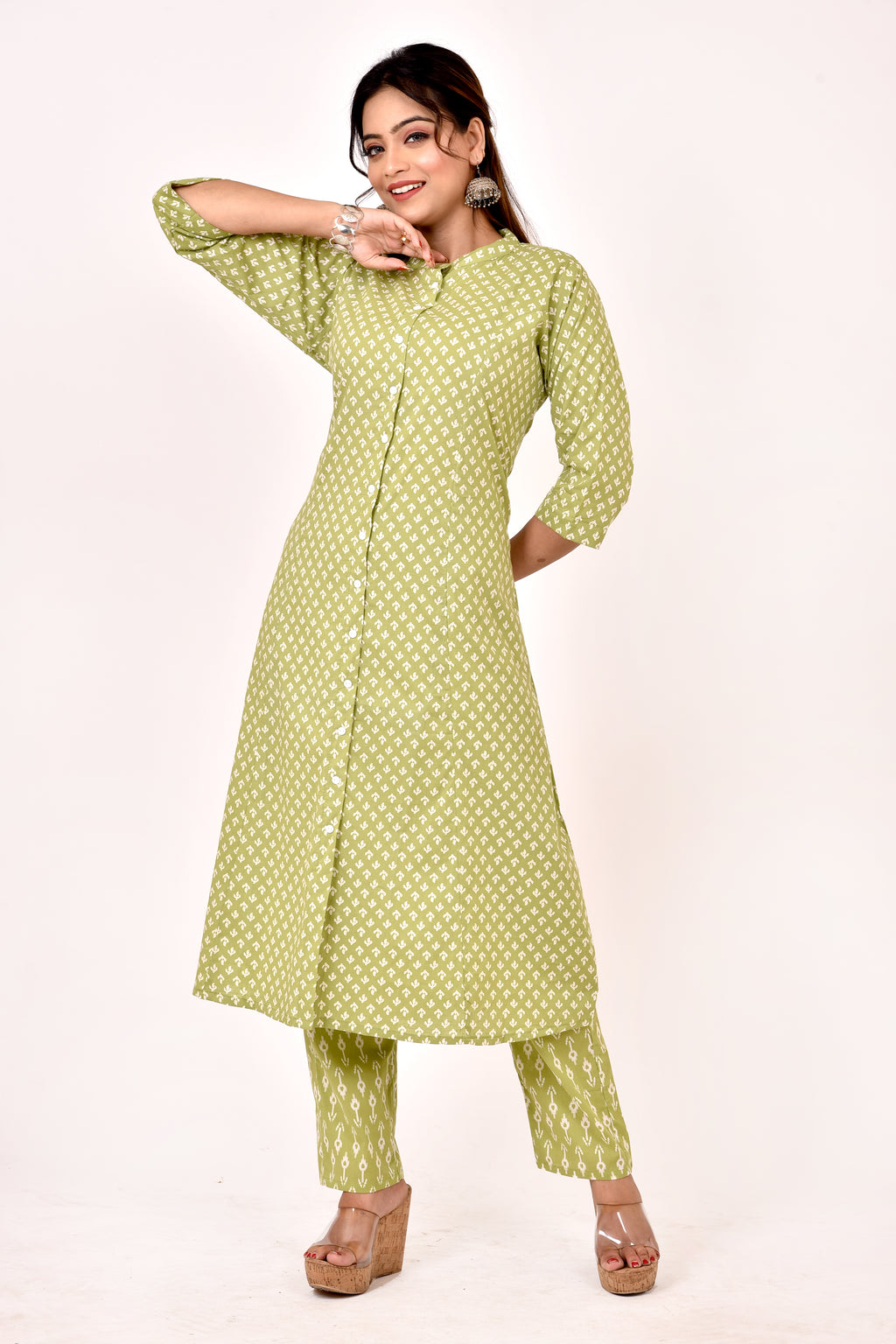 Light Green Floral Print A-Line Kurta With Pant