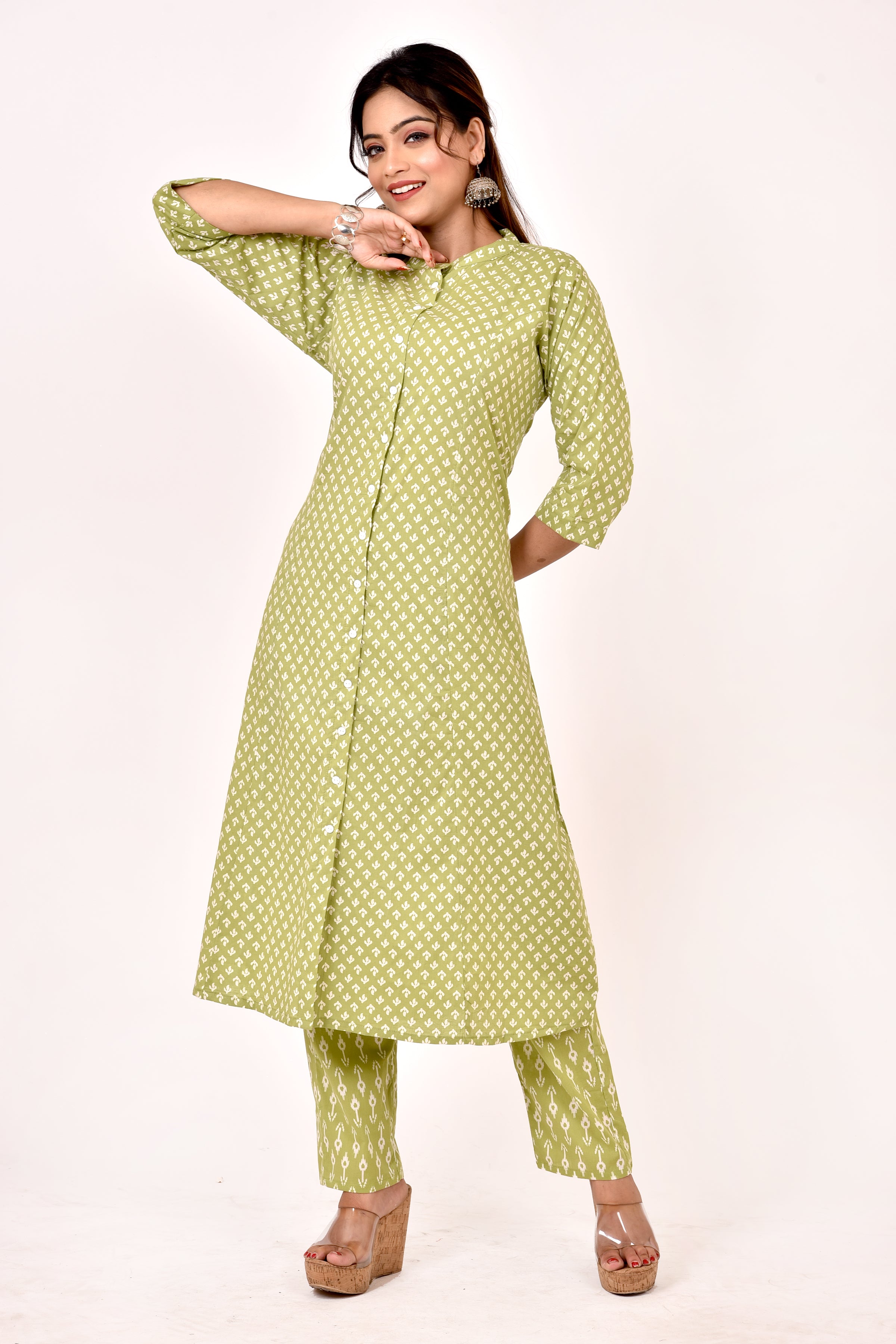Light Green Floral Print A-Line Kurta With Pant