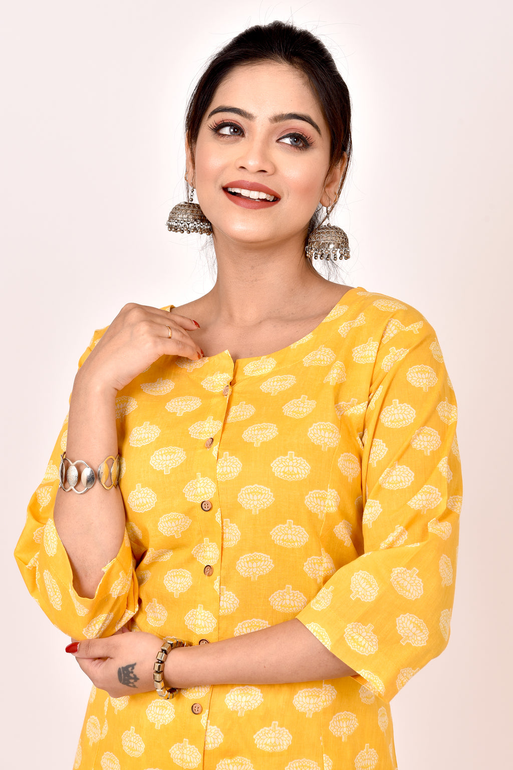 Yellow Floral Print A-Line Kurta With Pant