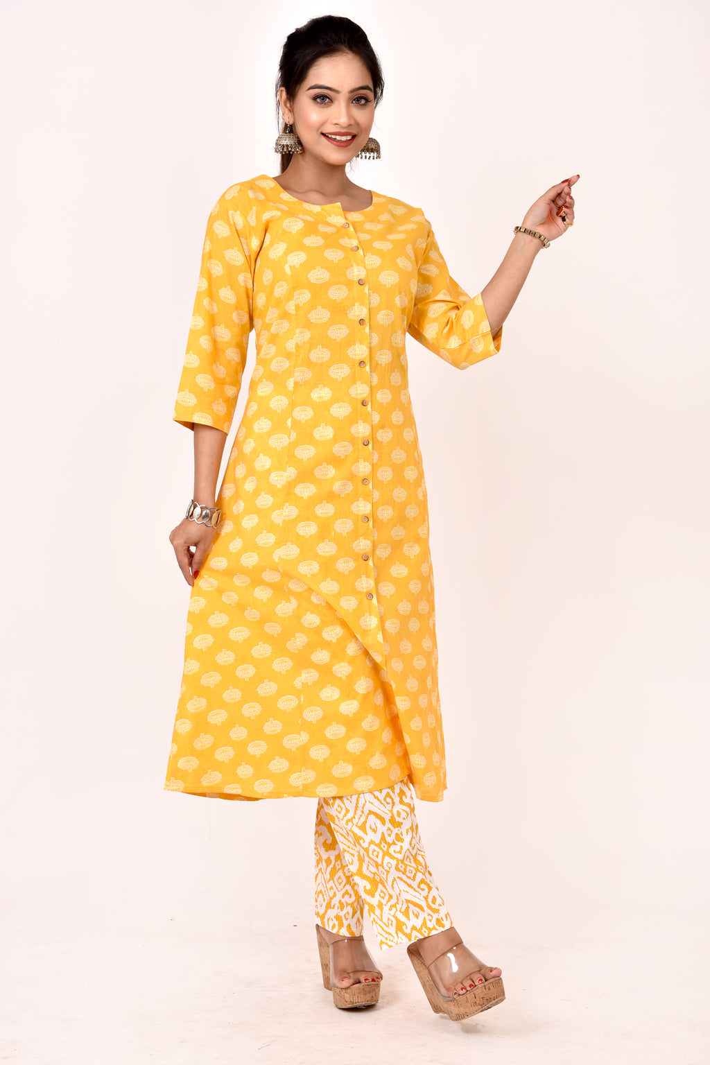 Yellow Floral Print A-Line Kurta With Pant