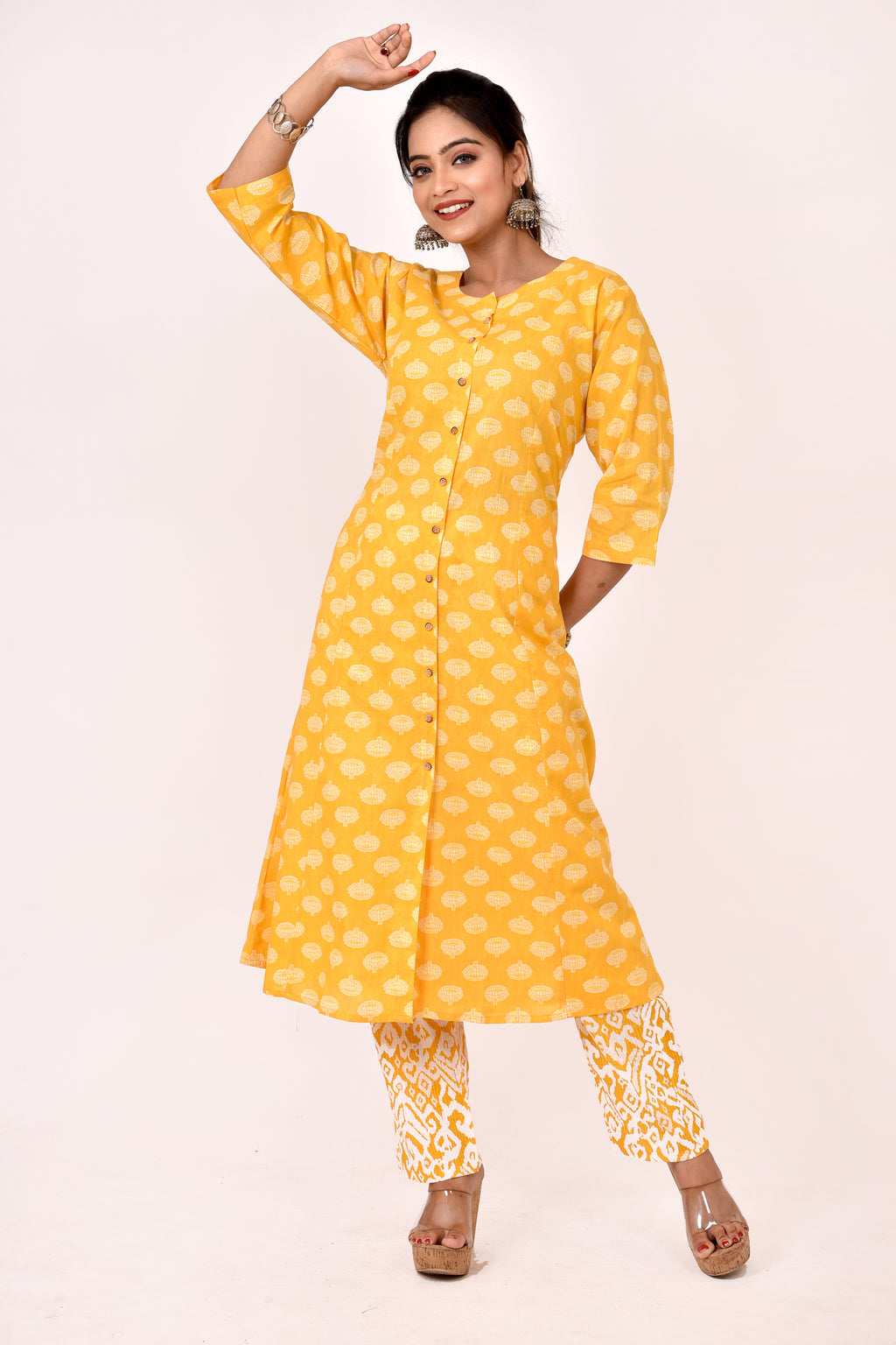 Yellow Floral Print A-Line Kurta With Pant