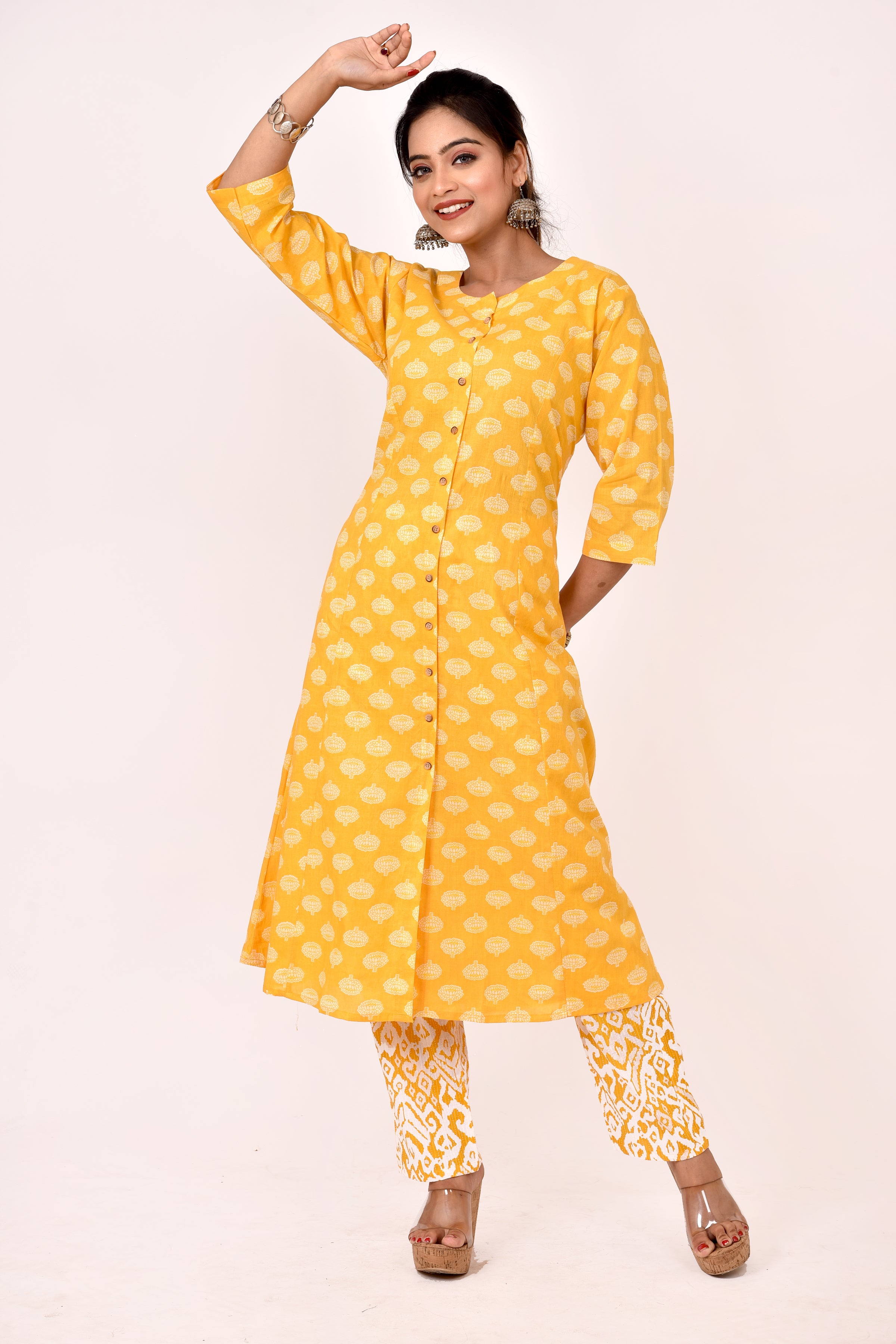 Yellow Floral Print A-Line Kurta With Pant