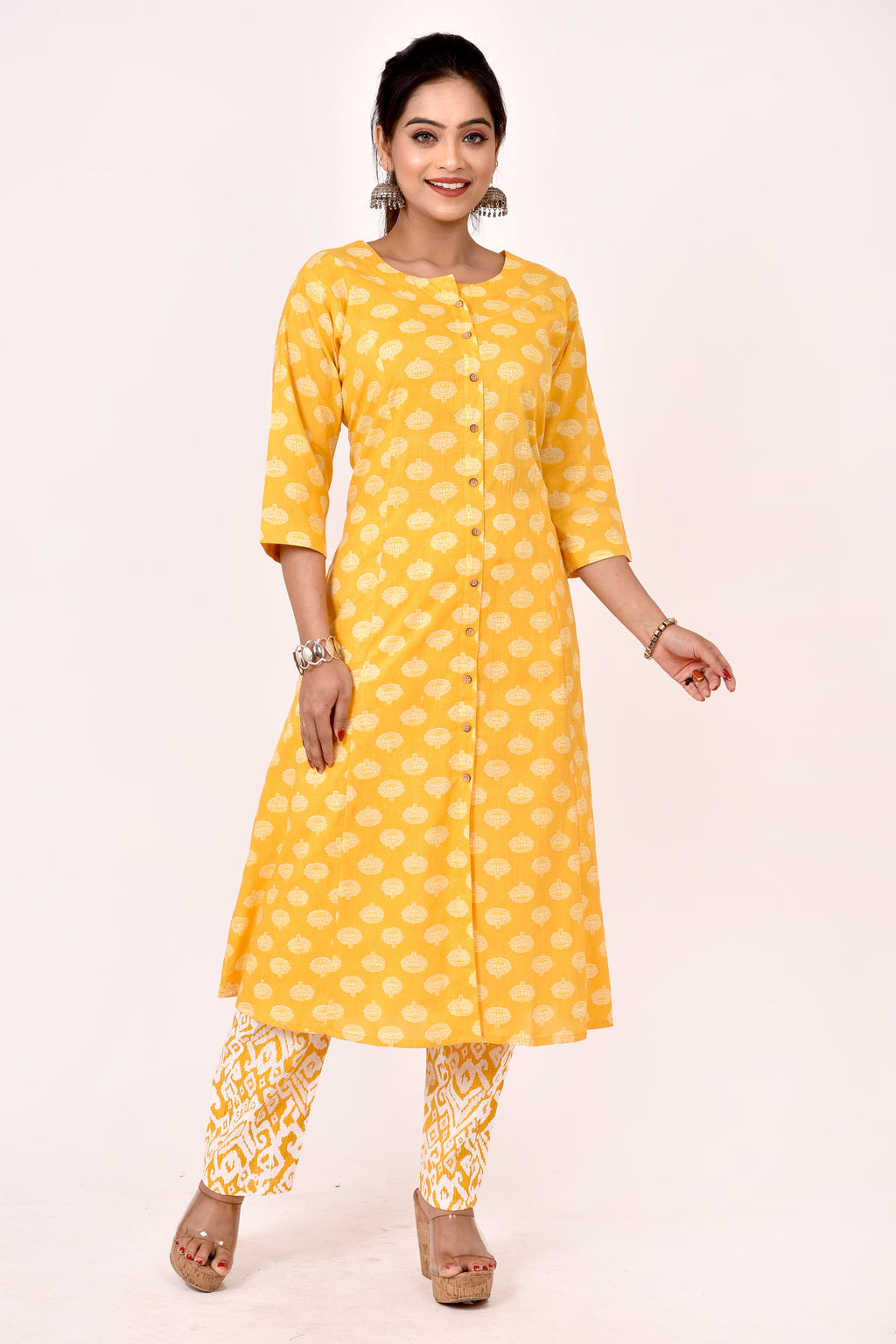 Yellow Floral Print A-Line Kurta With Pant
