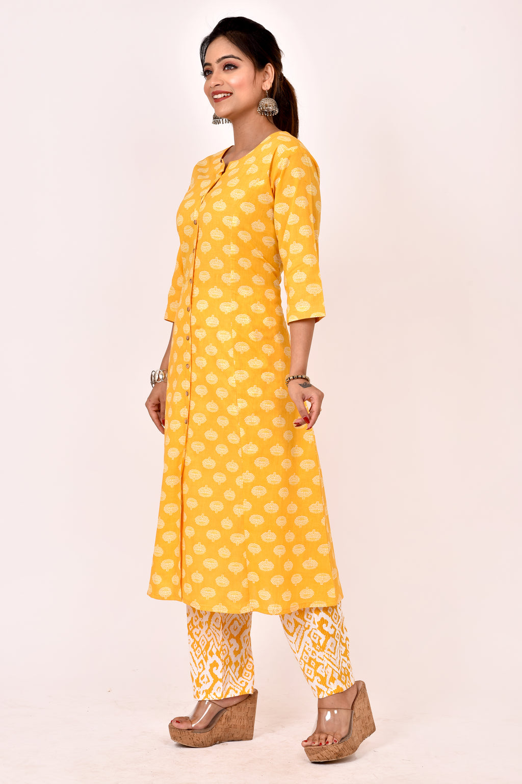 Yellow Floral Print A-Line Kurta With Pant
