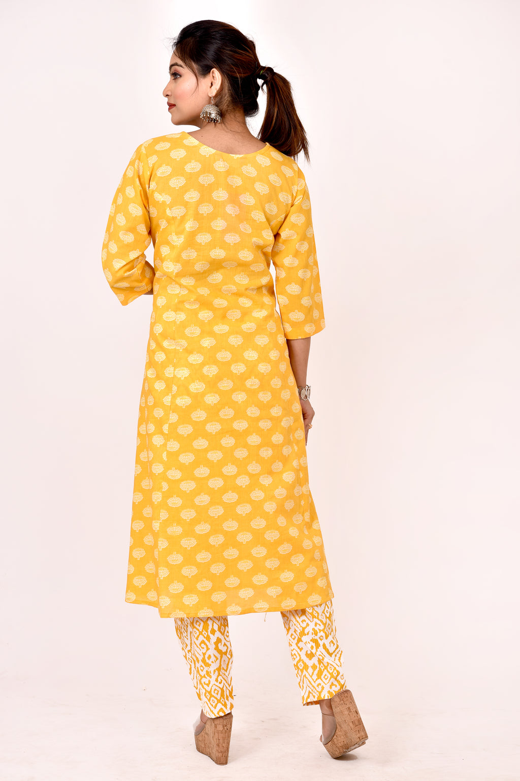 Yellow Floral Print A-Line Kurta With Pant