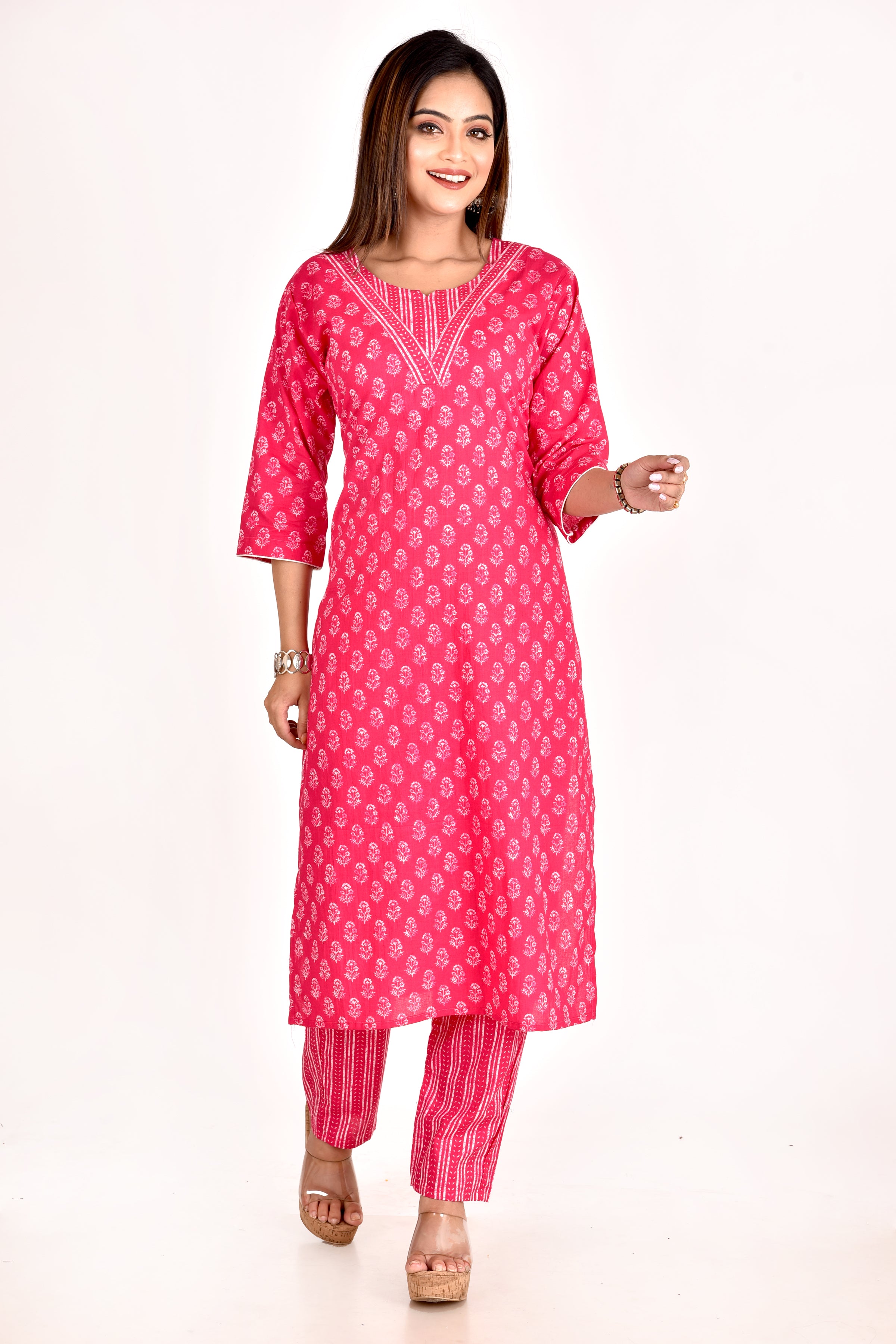 Magenta Pink Floral Print Kurta With Pant