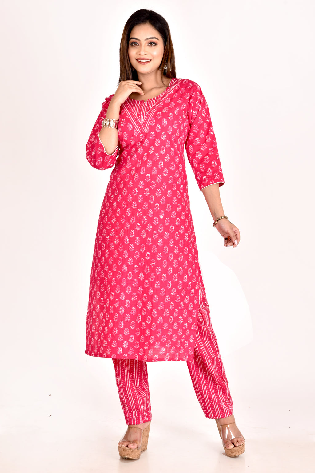 Magenta Pink Floral Print Kurta With Pant