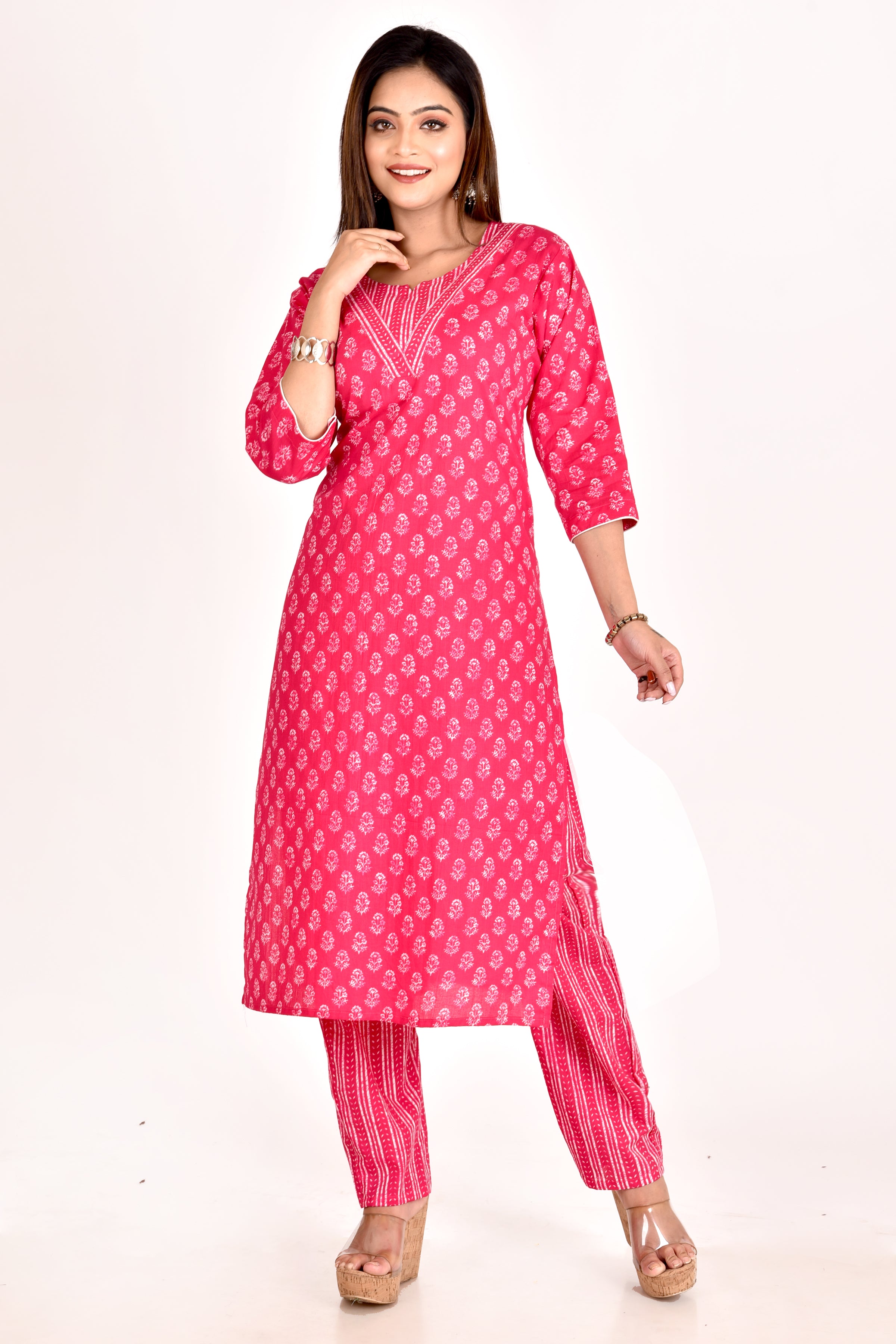 Magenta Pink Floral Print Kurta With Pant