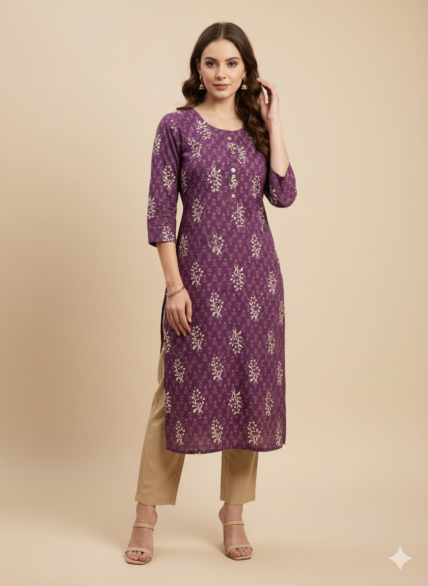 Mulberry Purple Floral Print Straight Kurta