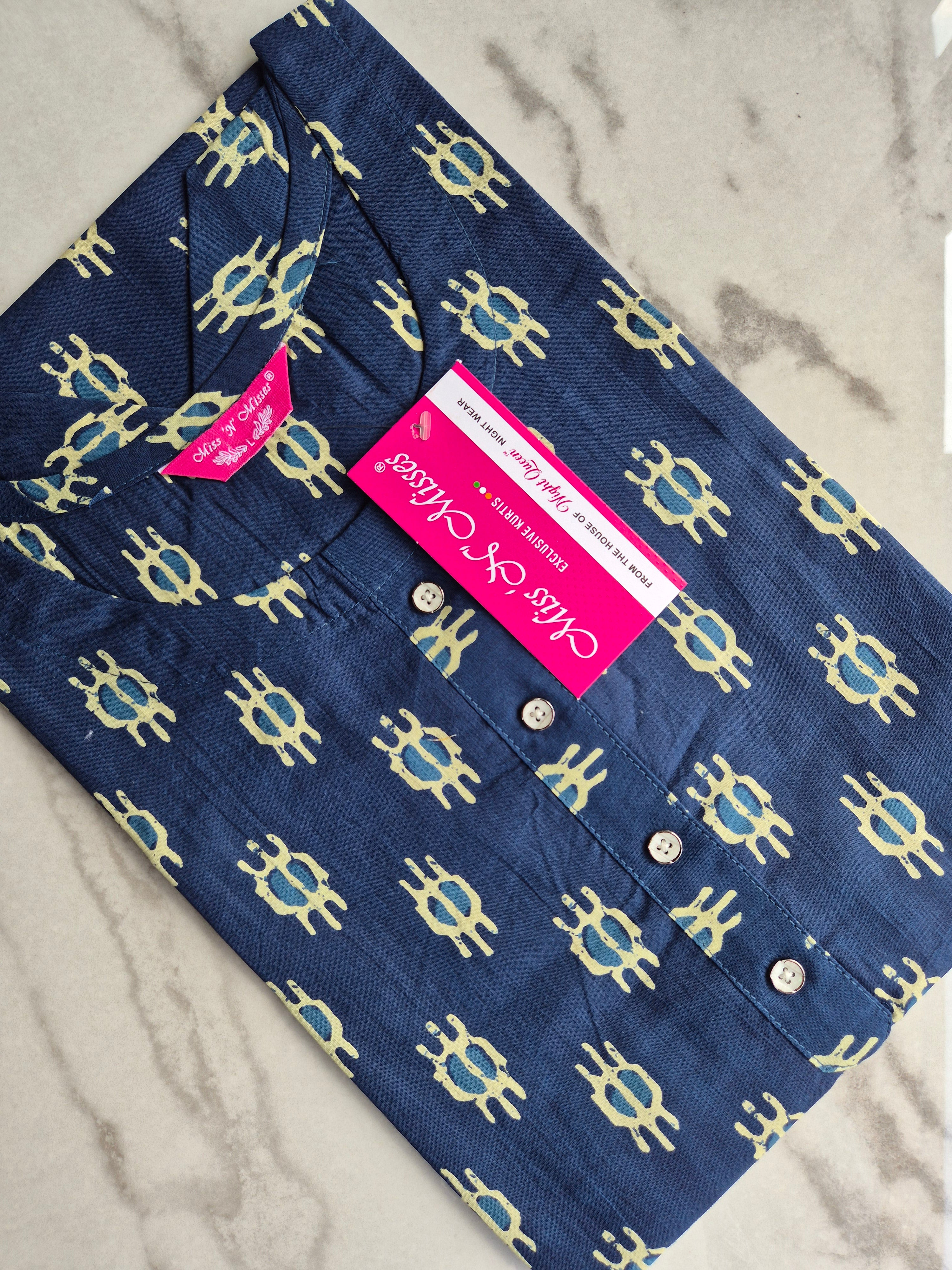 Navy Blue Geometric Print Straight Kurta