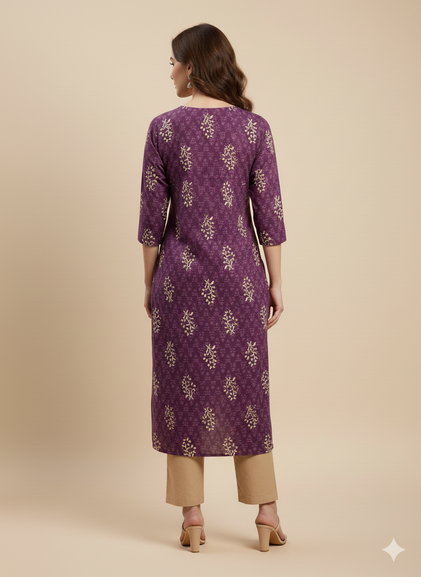Mulberry Purple Floral Print Straight Kurta