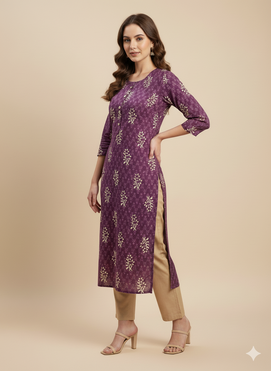 Mulberry Purple Floral Print Straight Kurta