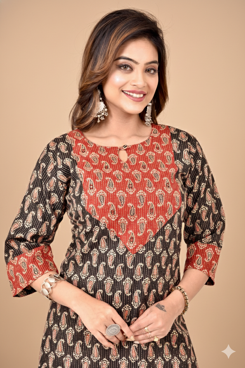 Black & Red Paisley Print Hand Embroidered Threadwork Kurta With Pant