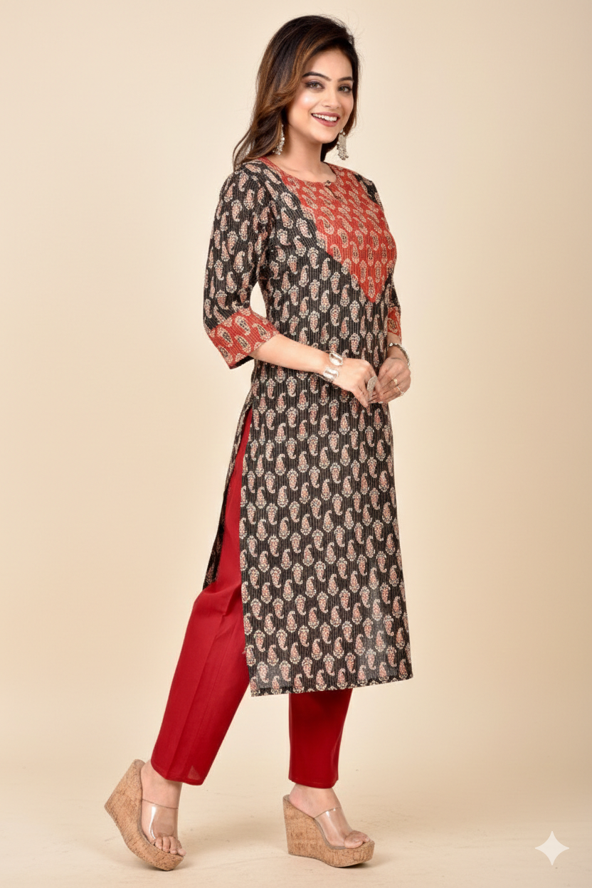 Black & Red Paisley Print Hand Embroidered Threadwork Kurta With Pant