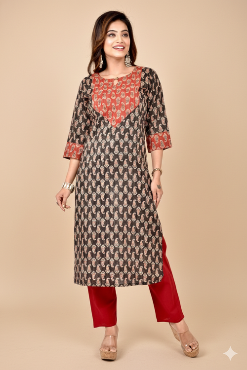 Black & Red Paisley Print Hand Embroidered Threadwork Kurta With Pant