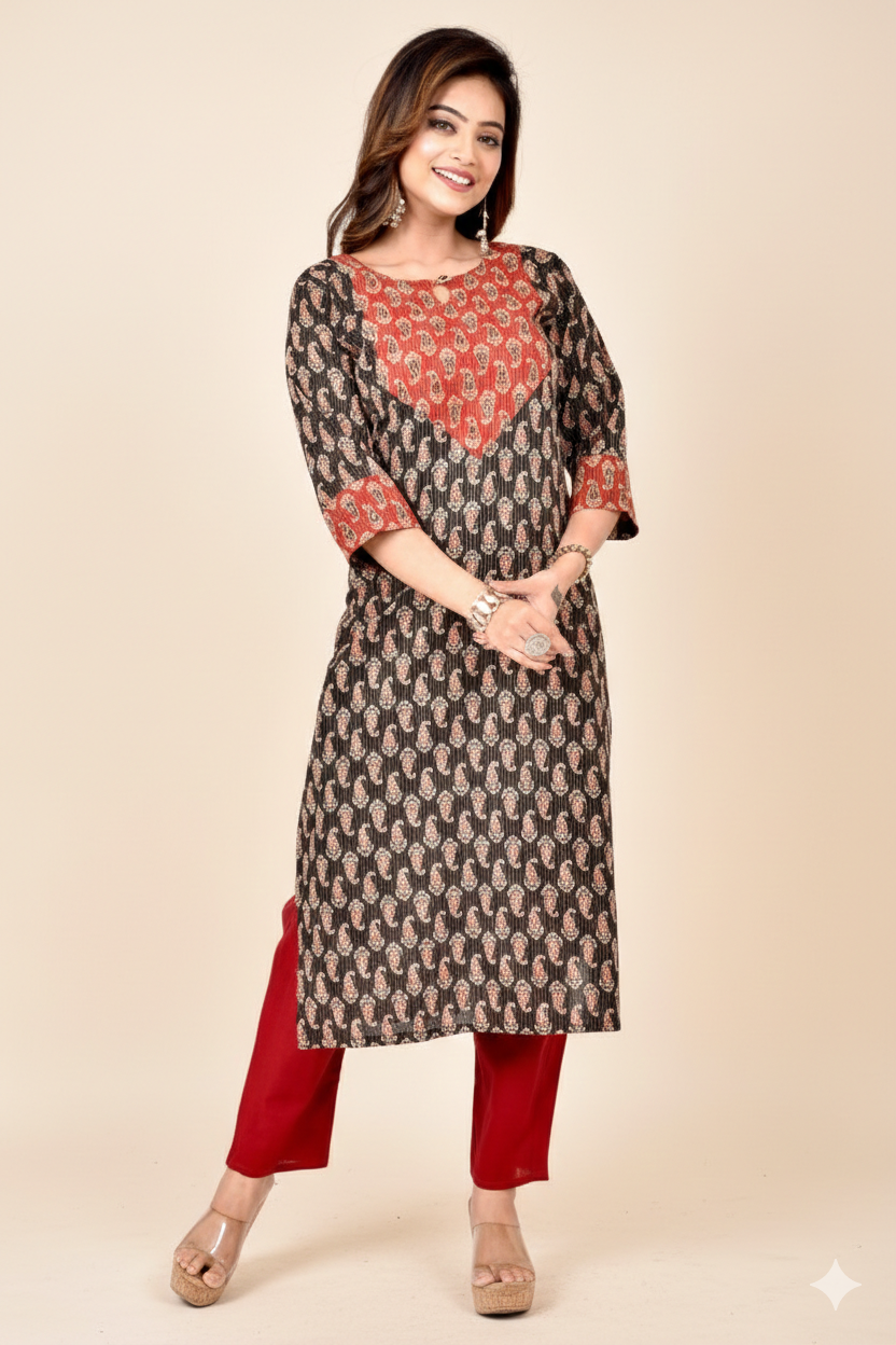 Black & Red Paisley Print Hand Embroidered Threadwork Kurta With Pant